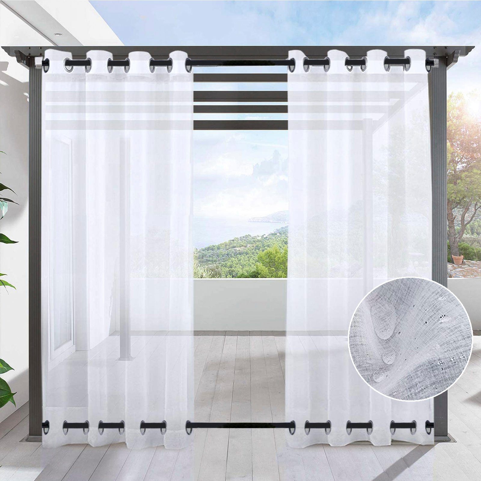 Sunicol Outdoorvorhang Transparent Wetterfest Außenvorhang mit Ösen, 2er Set (1 St), Gardinen Voile Wasserdicht Sichtschutz für Terrasse Balkon Garten