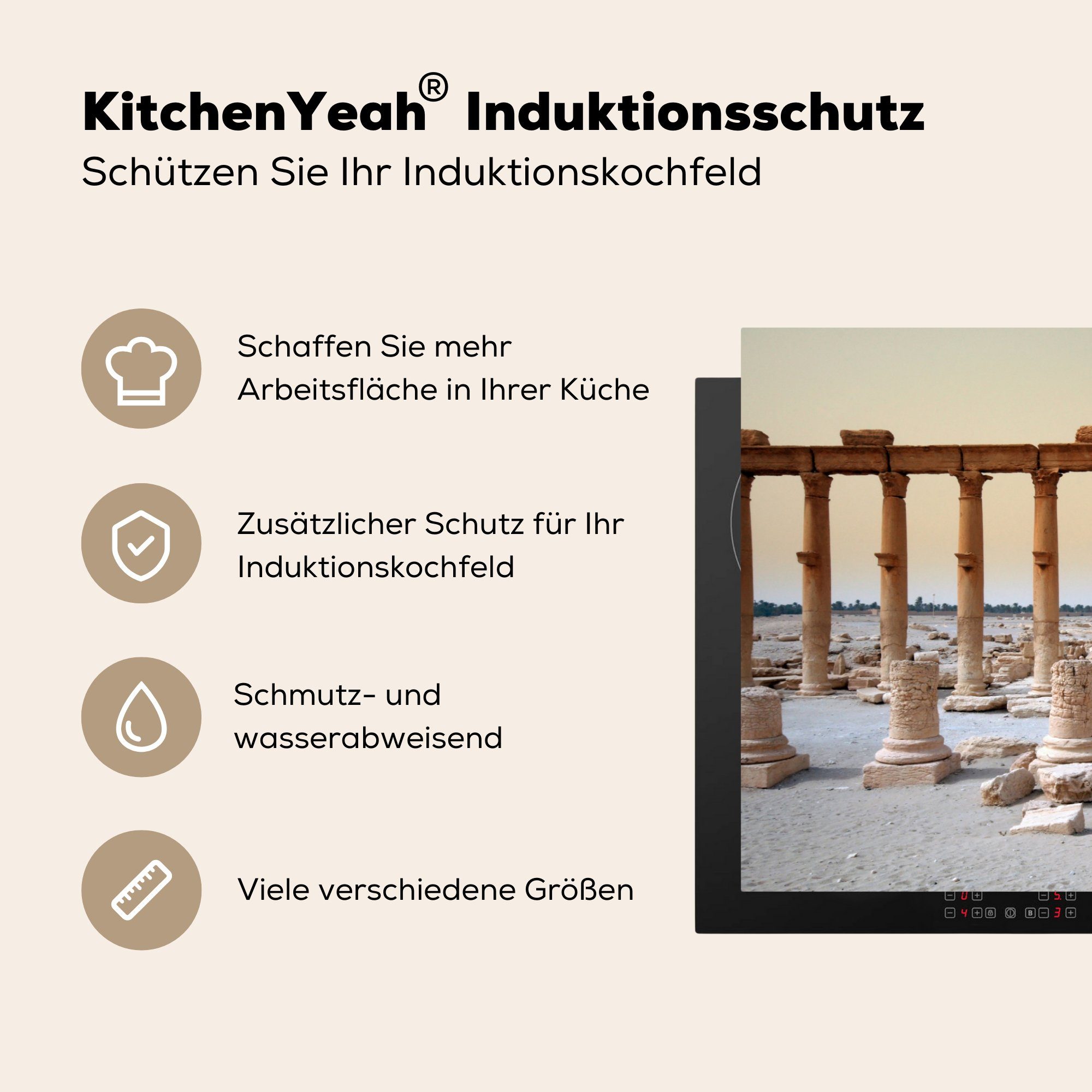 MuchoWow Herdblende-/Abdeckplatte küche, Bögen tlg), und Palmyra Vinyl, in Schutz 81x52 cm, Säulen Ceranfeldabdeckung (1 Syrien, die Induktionskochfeld für in