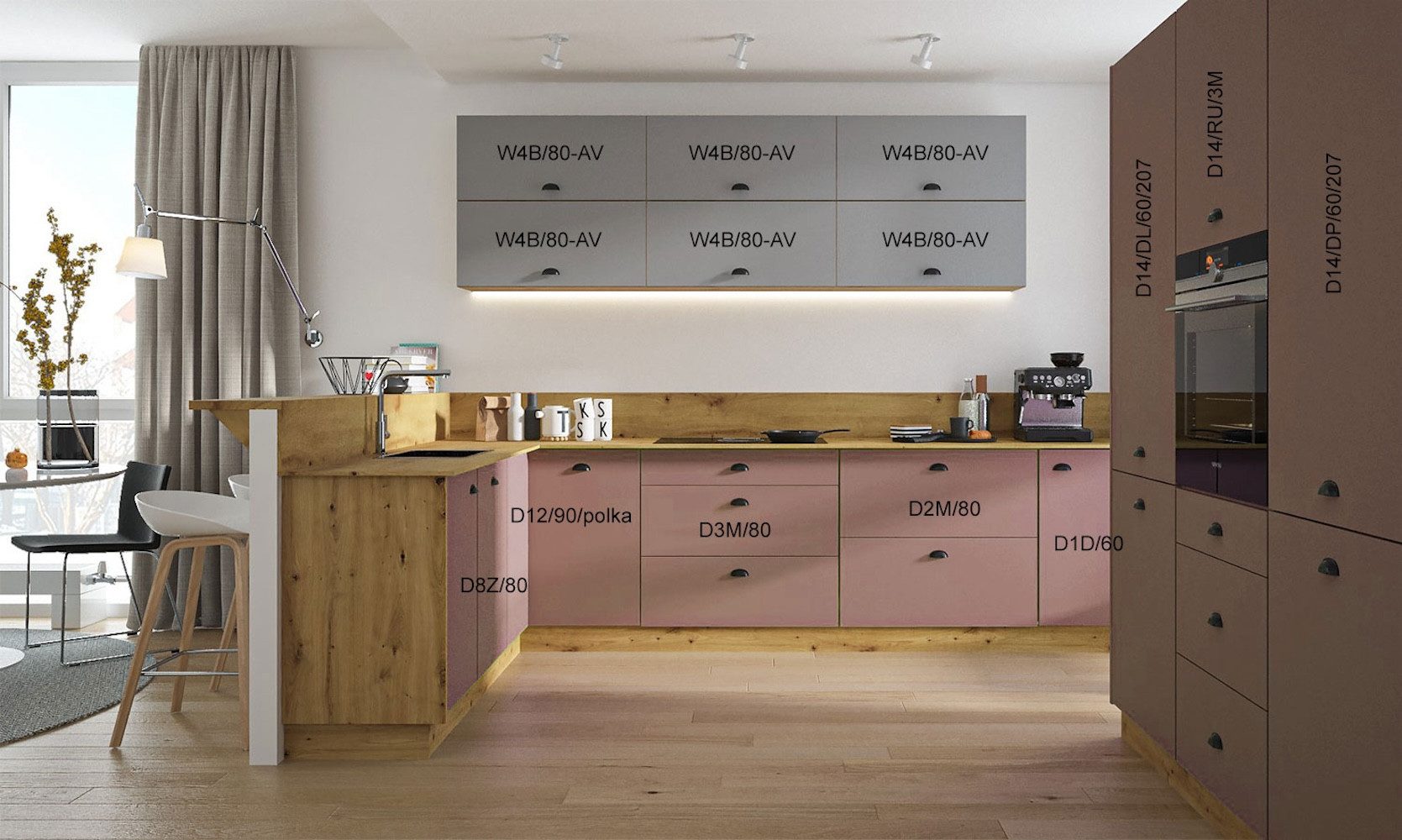 Feldmann-Wohnen Winkelküche Bonn, (Soft-Close-Funktion, Schubladen mit Teilauszug, Besteckkasteneinsatz), 310cm eiche artisan matt/rosé kupfer matt + dust grey matt 15-teilig