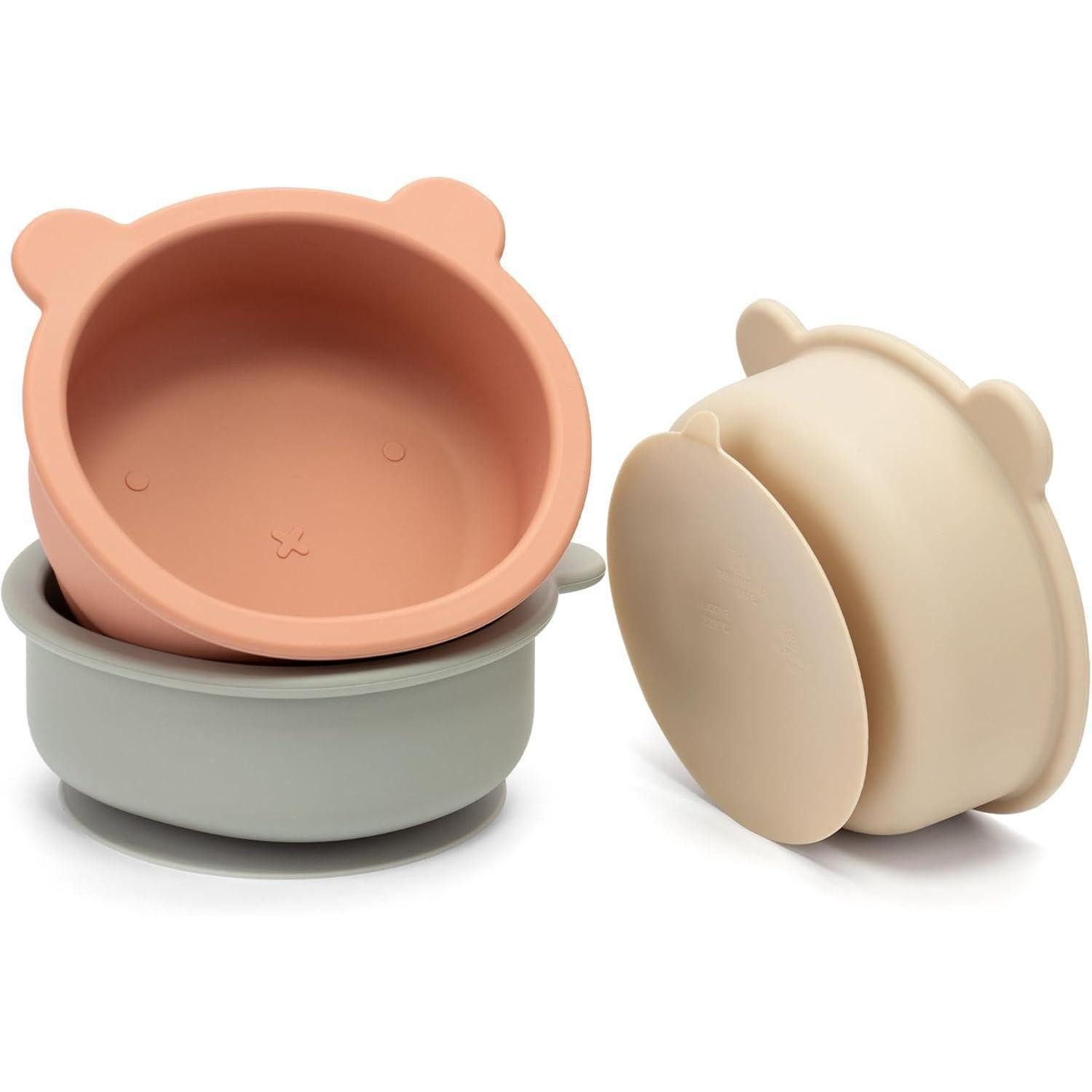 MOJINL Kindergeschirr-Set 3er Set Silikon Baby Schüssel mit Saugnapf und Bären-Design, BPA-frei