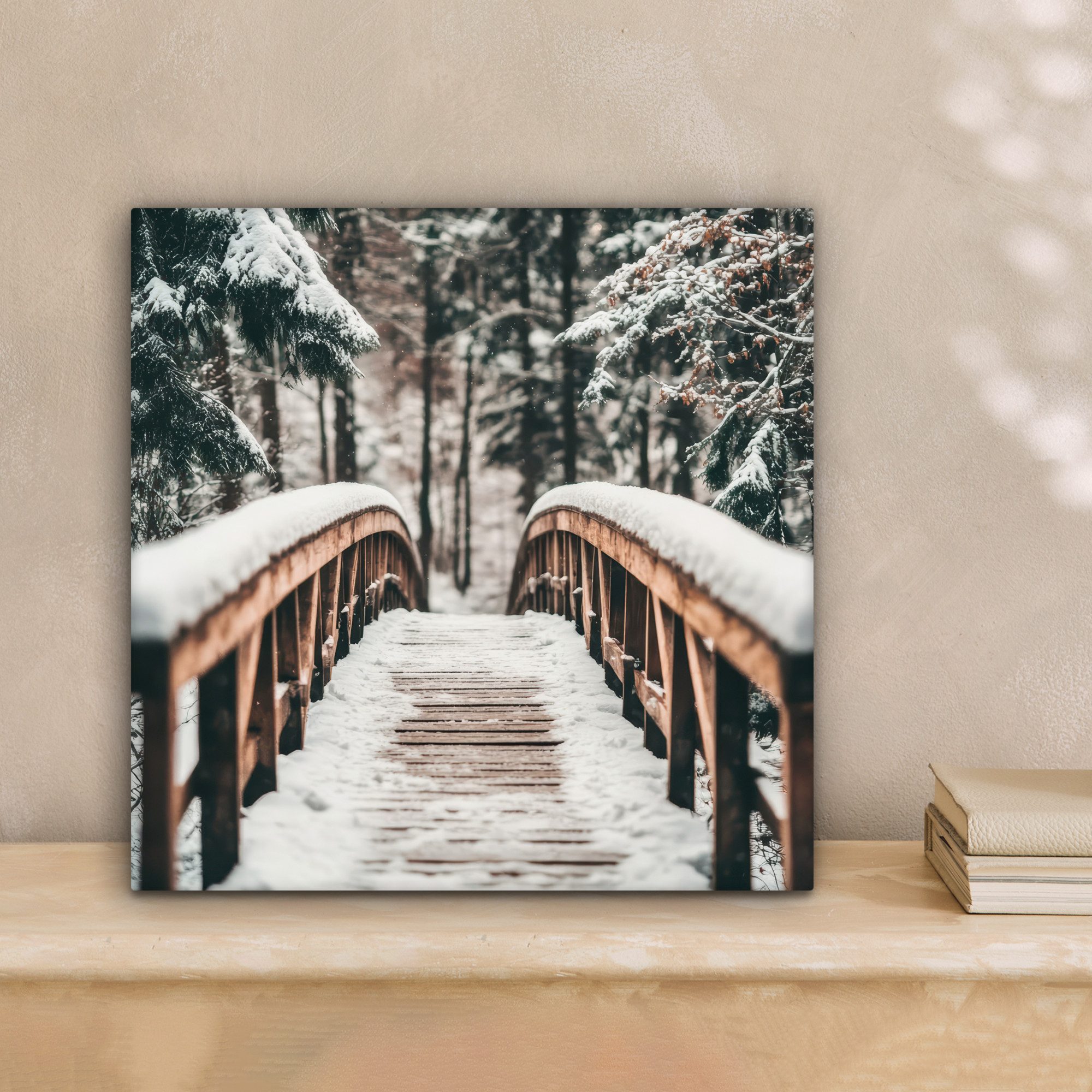 OneMillionCanvasses® Leinwandbild Brücke - Winterlandschaft - Wald - Natur - Schnee, Fotodruck (1 St), Wandbild, Deko Schlafzimmer Wohnzimmer Flur 20x20 cm