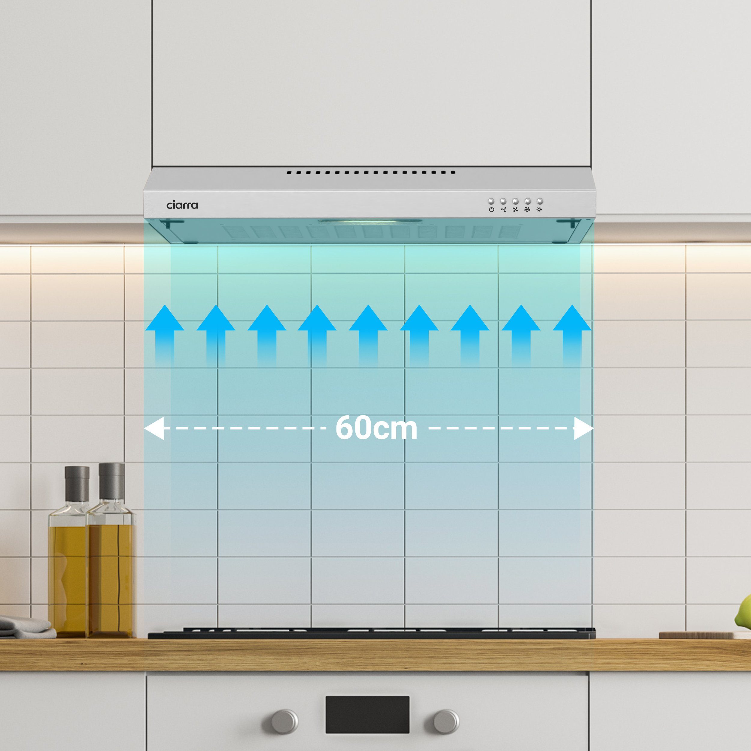 CIARRA Unterbauhaube 60 cm Dunstabzugshaube 220 m³/h Abluft & Umluft 3 Stufen CBCS6903 60 cm Dunstabzugshaube 220 m³/h Abluft & Umluft 3 Stufen CBCS6903, leise Abzugshaube Edelstahl mit Metallfilter & Kohlefilter, LED, 62 dB