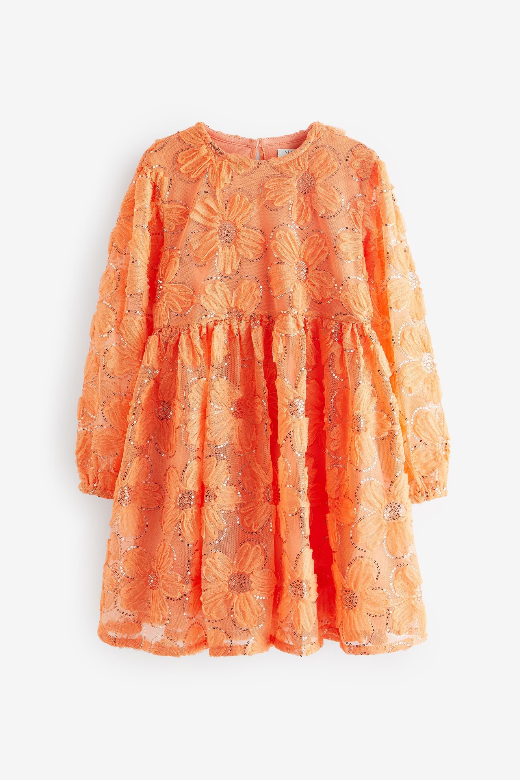 Next Partykleid Langärmeliges Partykleid aus Netz mit Pailletten (1-tlg) Apricot Orange