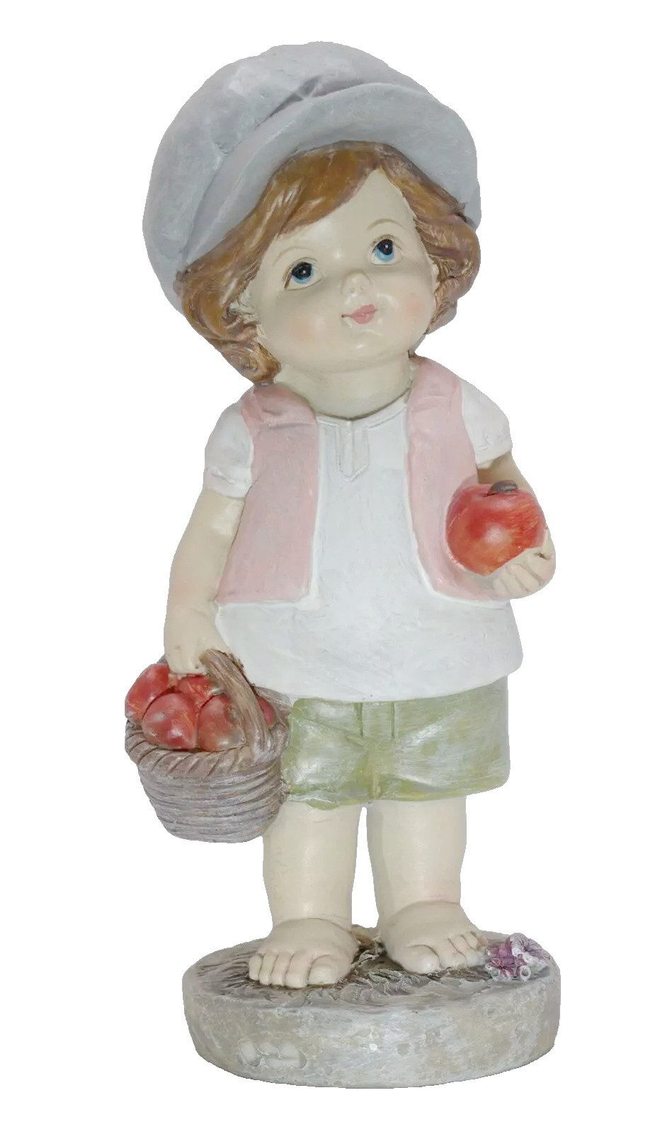 Kaufhaus le petit Dekofigur Deko Wichtel Kind Figur Junge Apfel Korb Skulptur Mädchen Zwerg Blume, Dekoskulptur Dekoobjekt aus Polyresin (Kunststein)