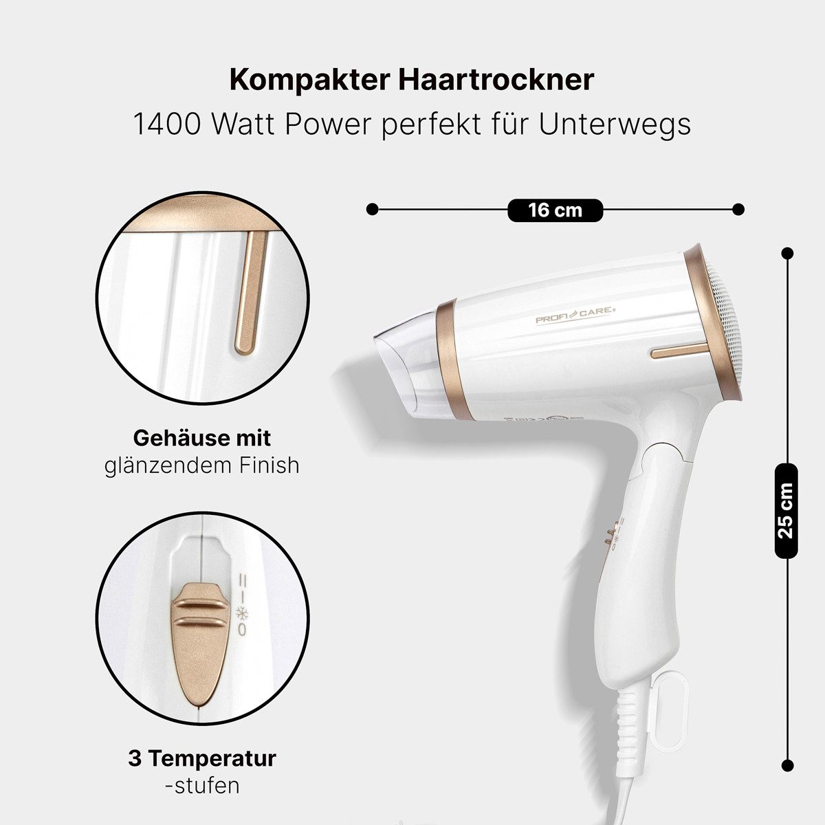 ProfiCare Haartrockner PC-HT 3009, 1400 Watt, Klappgriff, 2 Temperaturstufen