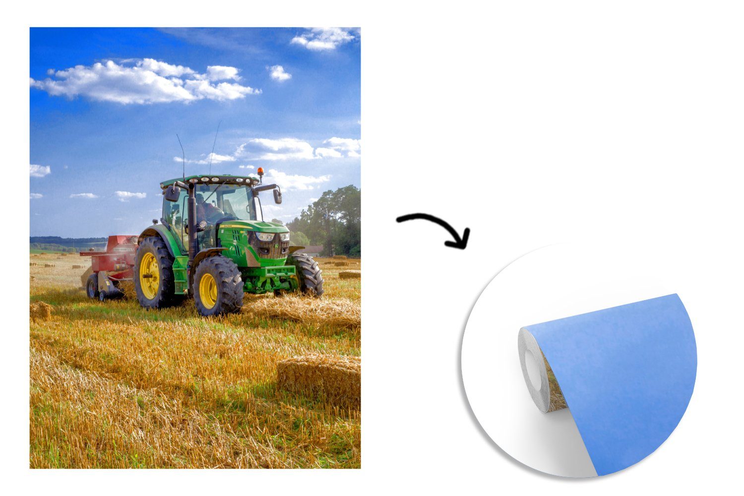 MuchoWow Fototapete Traktor - Bauernhof - Heu - Feld - Sonne - Landleben, Matt, bedruckt, Wallpaper für Wohnzimmer, Schlafzimmer, Vinyl Tapete, 165x220 cm