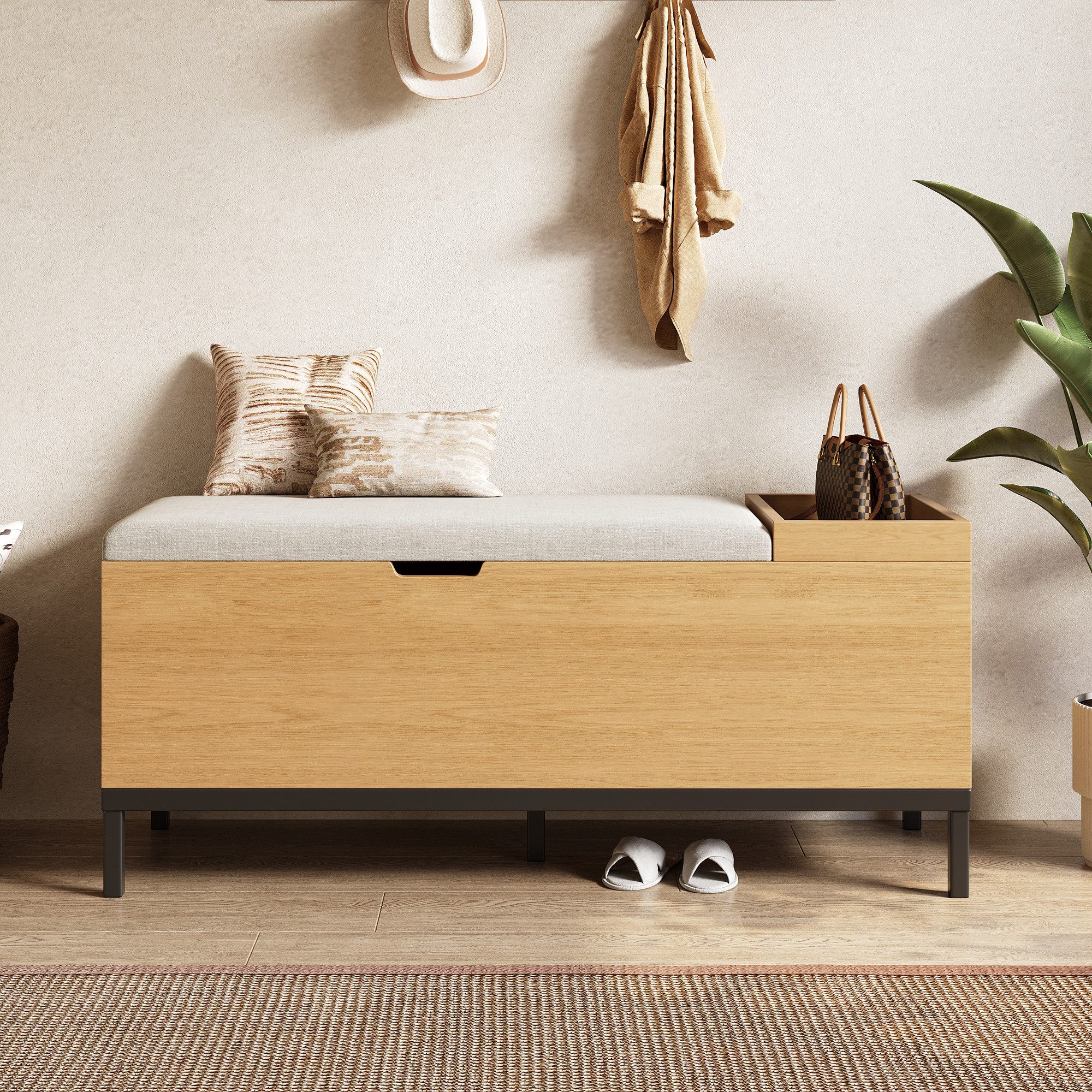 Flieks Polsterbank Sitzbank Bettbank mit aufklappbarer Aufbewahrungsbox (115×49,5×40 cm, 1-St., Sitzkissen aus Leinen), Sitzschrank mit Stauraum Schuhbank Holzoptik, Metallgestell