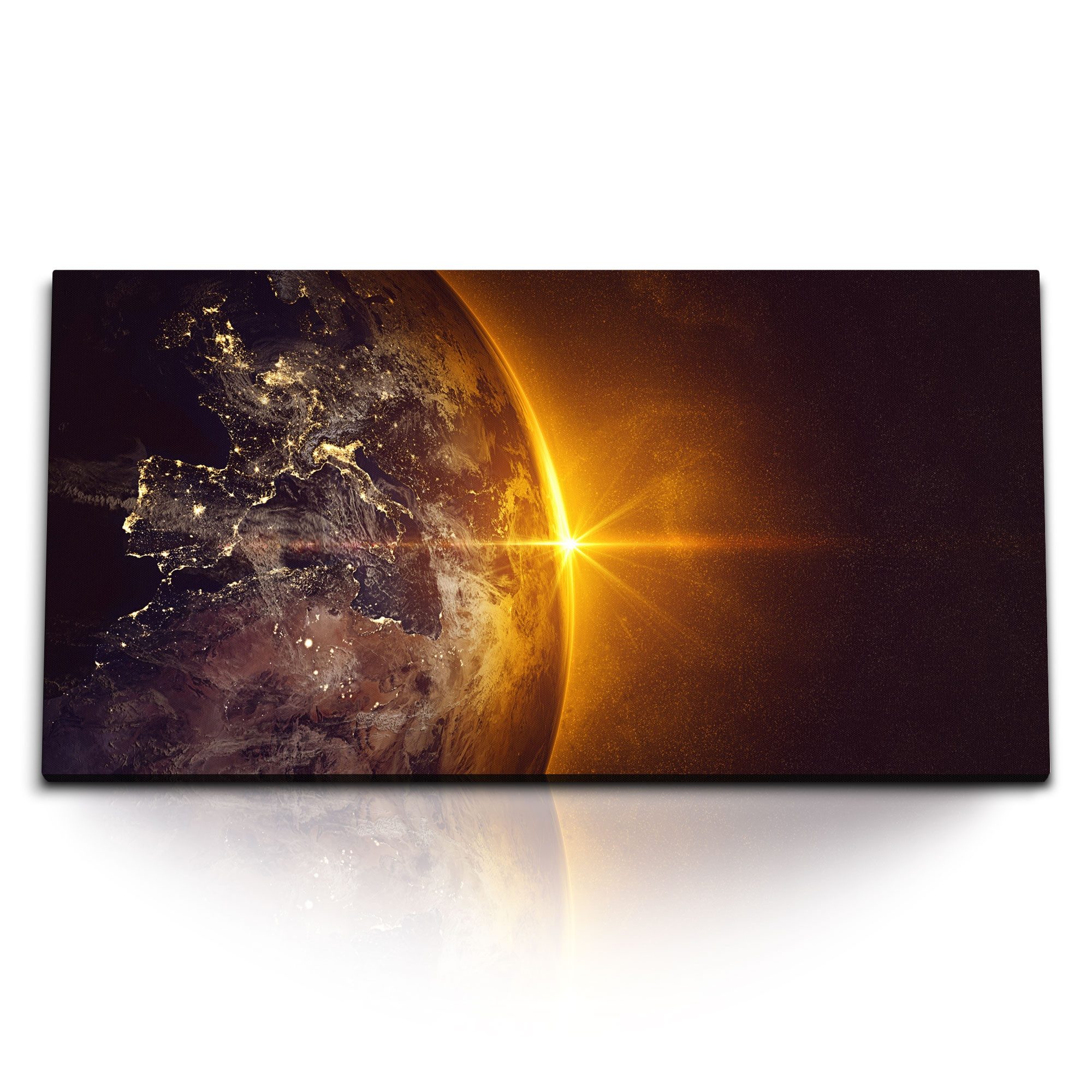 Leinwandbild Kunstdruck Bilder 120x60cm Planet Erde Sonnenuntergang Globus Weltall