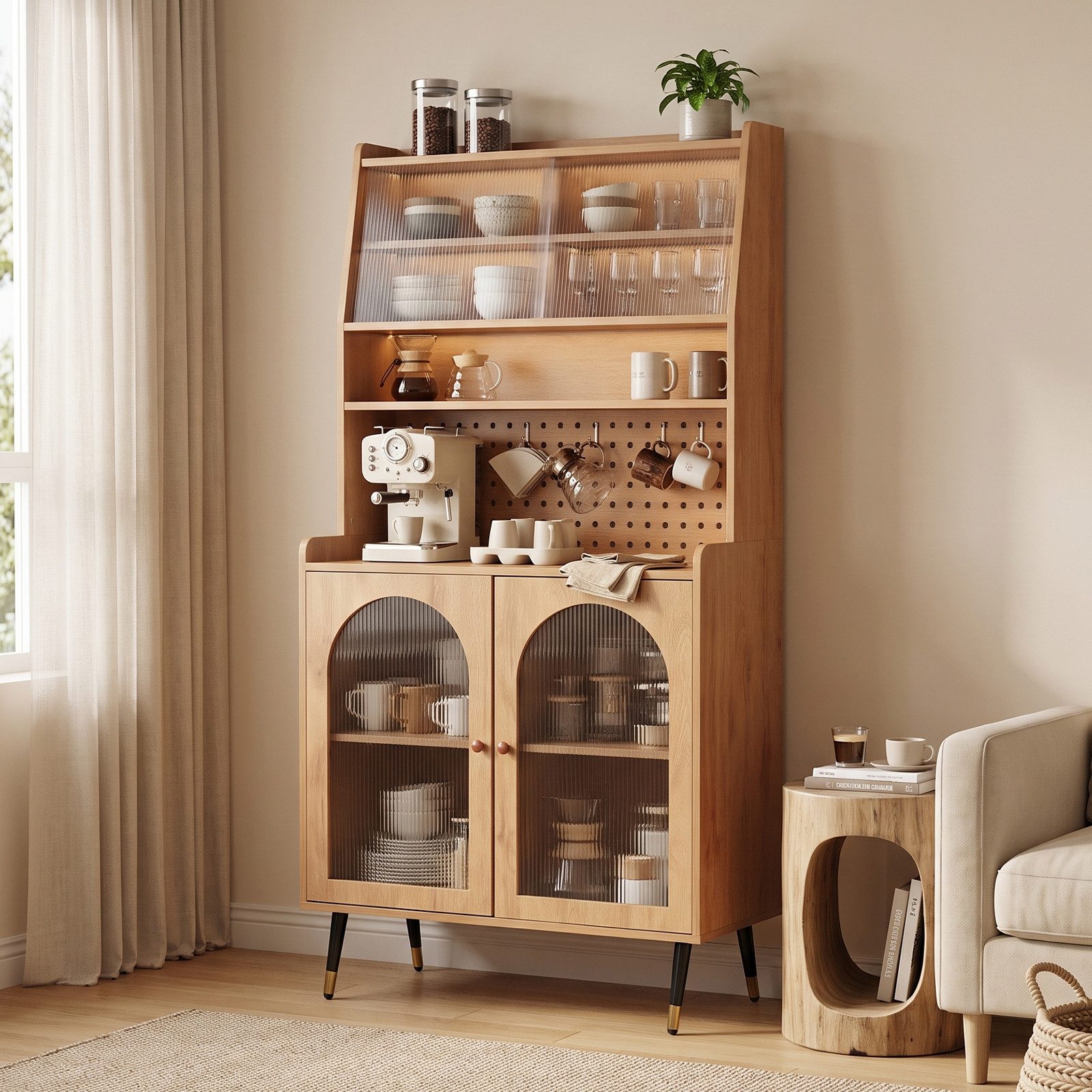 Jiexi Highboard Highboard 160cm Küchenschrank mit Lochwand & Riffelglas Eiche