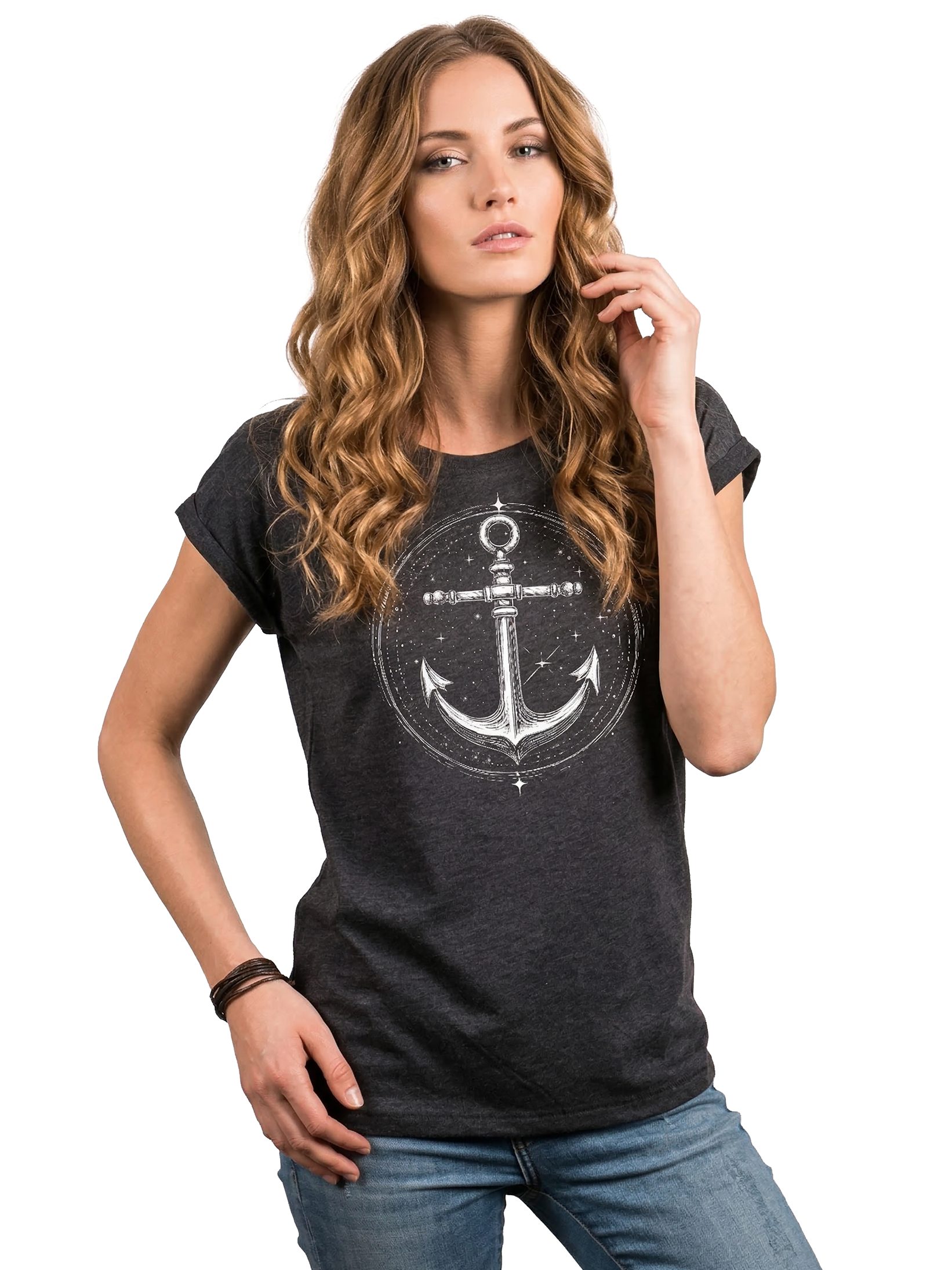 MAKAYA Kurzarmshirt mit Anker Damen Top Ankermotiv Tattoo Print Maritim Elegant (Schwarz, Blau, Grau, Grün, 34, 36, 38, 40, 42, 44, 46, 48, 50) Baumwolle