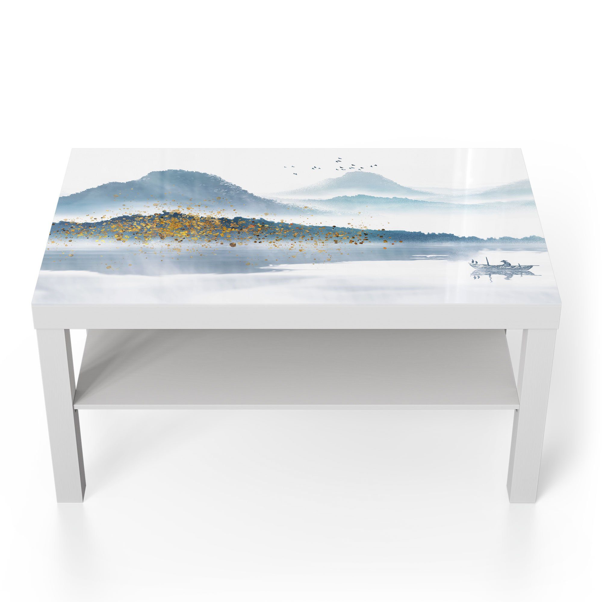 DEQORI Couchtisch 'Berge mit Farbakzenten', Weiß Beistelltisch modern Glas Glastisch