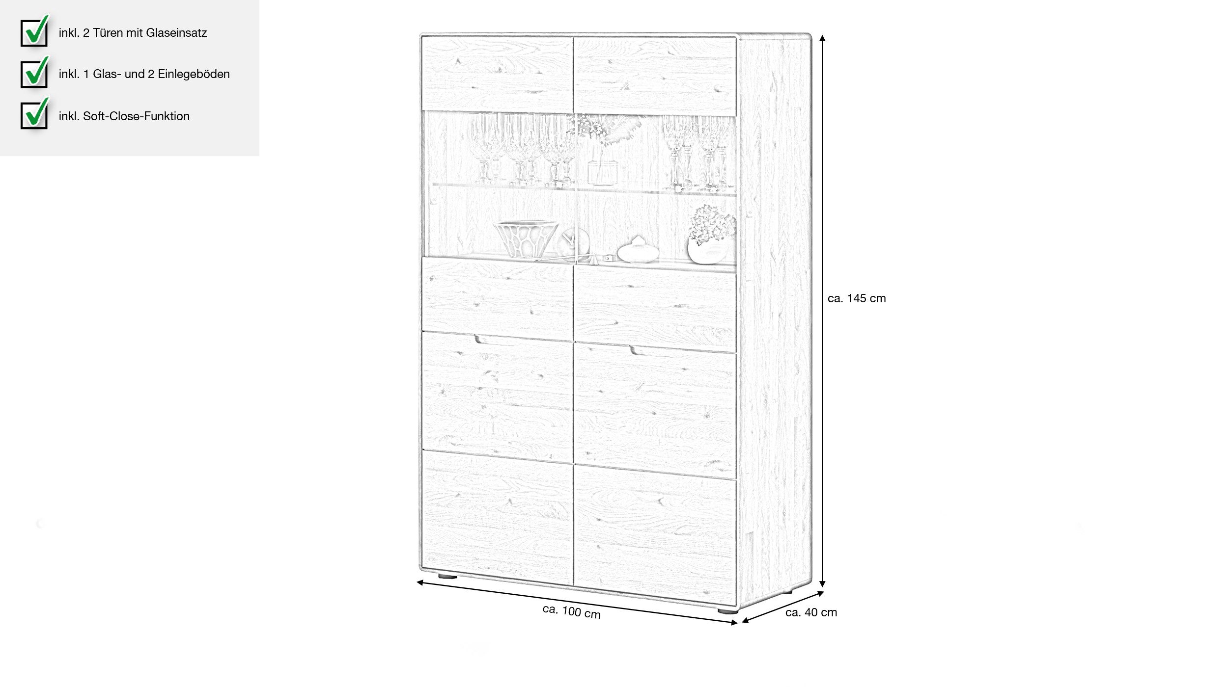 Massivart® Highboard LUCAS 100 cm Breite / montiert / Massivholz Wildeiche geölt, 2 Glas-Holztüren / 3 Einlegeböden / Soft-Close-Funktion