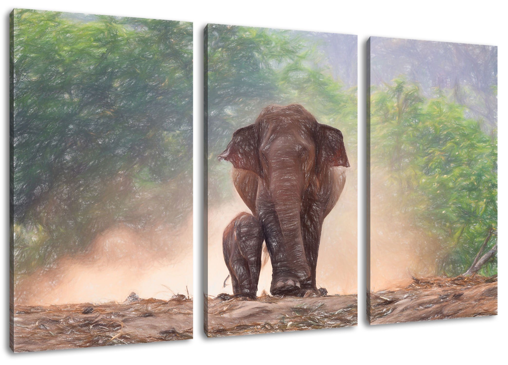 Pixxprint Leinwandbild 3Teiler Mama, Zackenaufhänger Elefanten Leinwandbild Mama (120x80cm) St), Baby (1 Elefanten fertig Baby bespannt, inkl