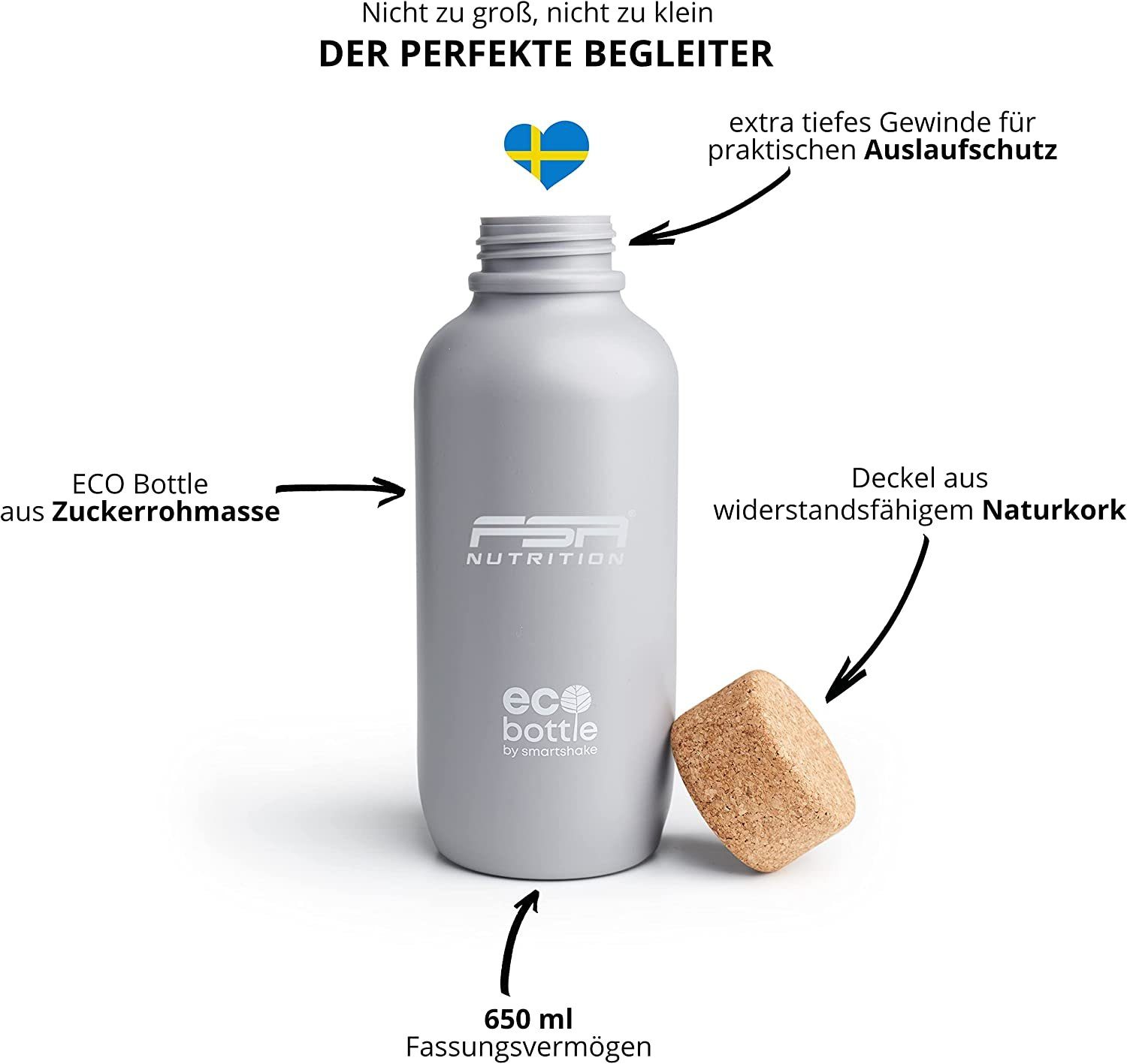 Energien mit aus FSA Nutrition ECO Naturkork), Hergestellt Öko-Materialien erneuerbarer in grau 650 (Zuckerrohr Schweden Trinkflasche & ml Bottle