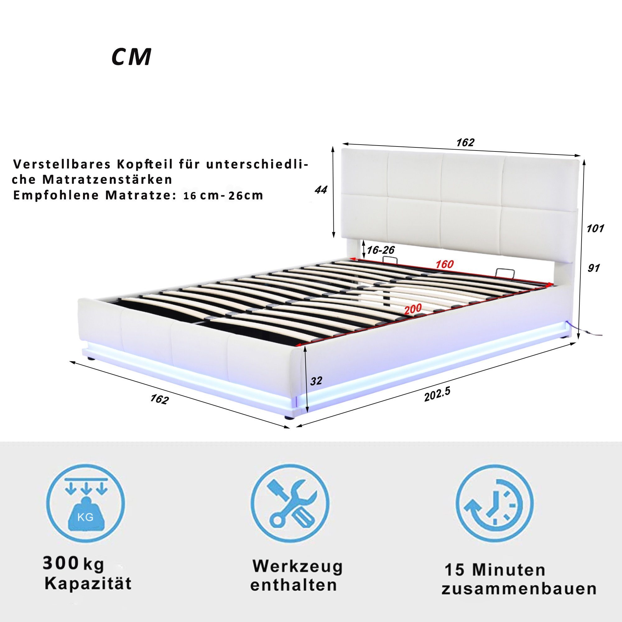 Jugendbett & OKWISH Bett anhebbarer Lattenrost cm), Beleuchtung Doppelbett Matratze Weiß Kunstleder, aus Polsterbett, LED mit Bezug Bettstauraum 160x200 & (Bettkasten Erwachsenen enthalten nicht Hydraulisch