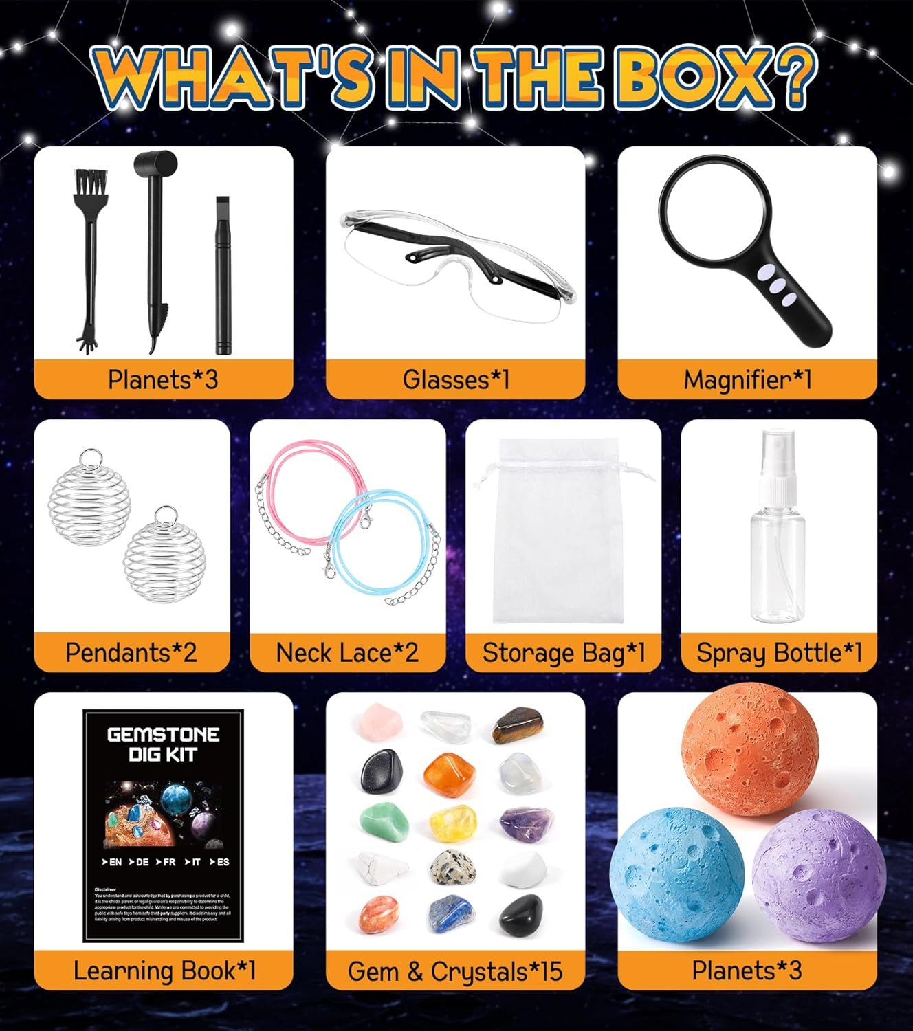 POPOLIC Gemstone Experiment Kit for Children - Excavation Set for Children Ages 6, 7, 8, 9, 10 (1-piece, 15 Natural Gemstones and Crystals, Experiments for Ages 6+), Moon Treasure Hunt Toy, Gift for Boys and Girls