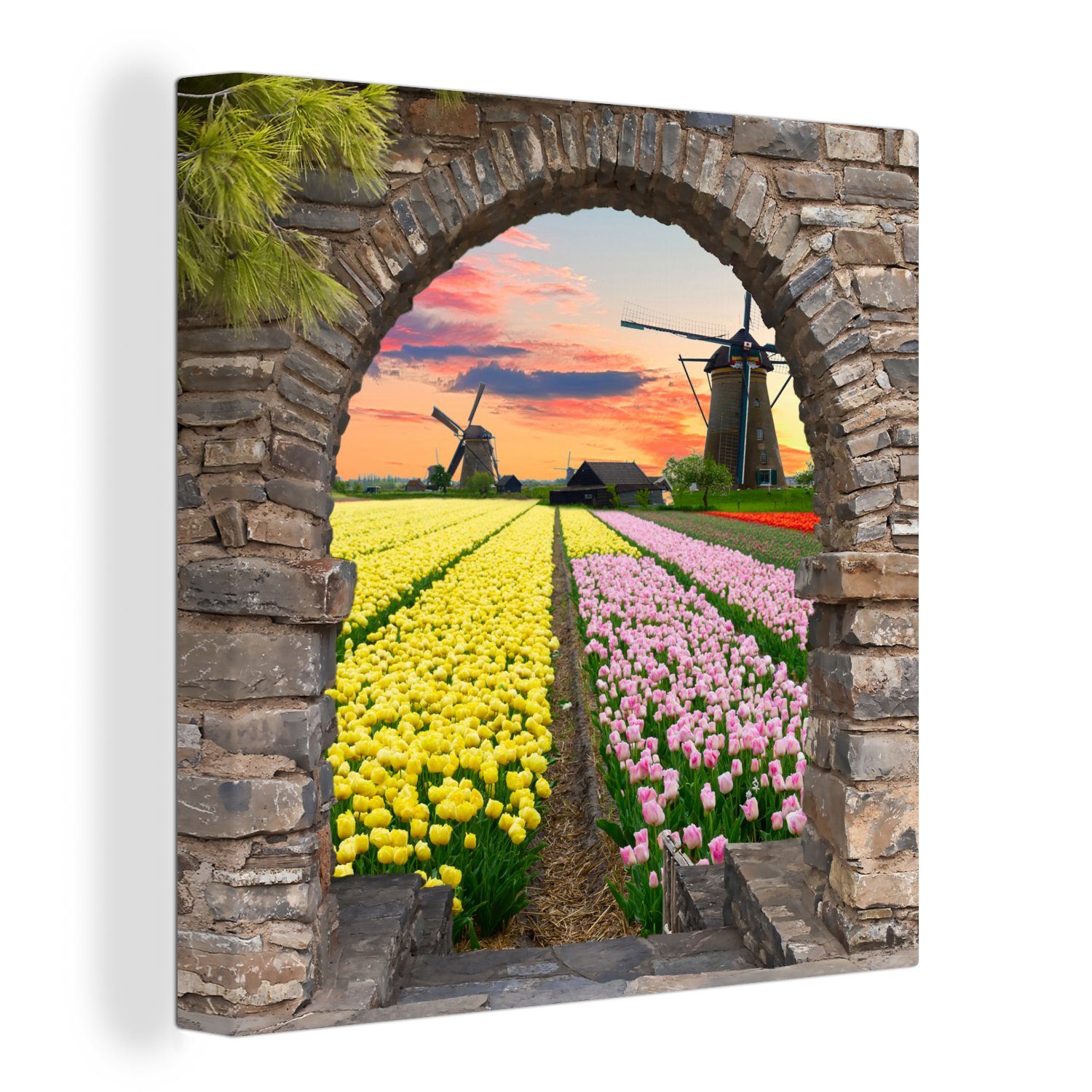 OneMillionCanvasses® Leinwandbild Tulpen - Blumen - Mühle - Ansicht, (1 St), Leinwand Bilder für Wohnzimmer Schlafzimmer