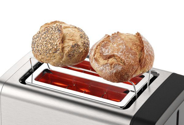 BOSCH Toaster DesignLine TAT4P420DE, integrierter Edelstahl-Brötchenaufsatz, 2 kurze Schlitze, 820 W, Abschaltautomatik, Auftaufunktion, Liftfunktion, Breit, Edelstahl