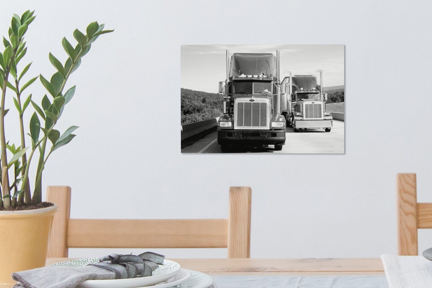 auf 30x20 Autobahn der weiß, Aufhängefertig, und St), Lastwagen OneMillionCanvasses® Leinwandbilder, schwarz Leinwandbild Wandbild (1 cm - Wanddeko,