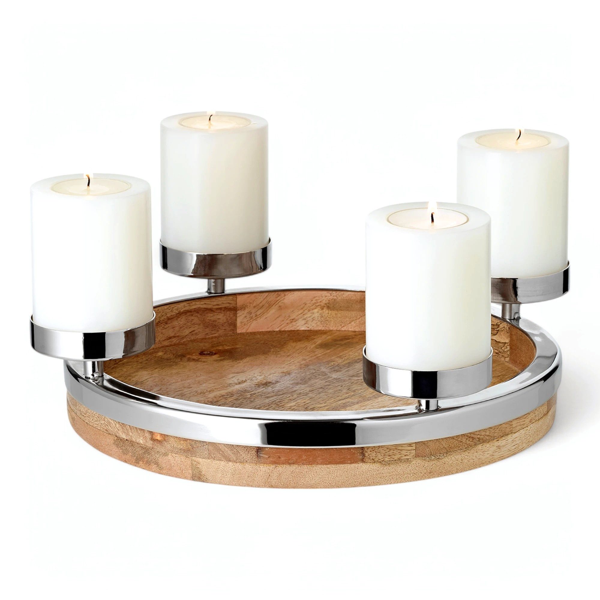EDZARD Adventskranz Mona Ø 26 cm, Mangoholz, Edelstahlrand, für Kerzen Ø 6 cm, Ø 30 cm) Adventsleuchter für 4 Kerzen
