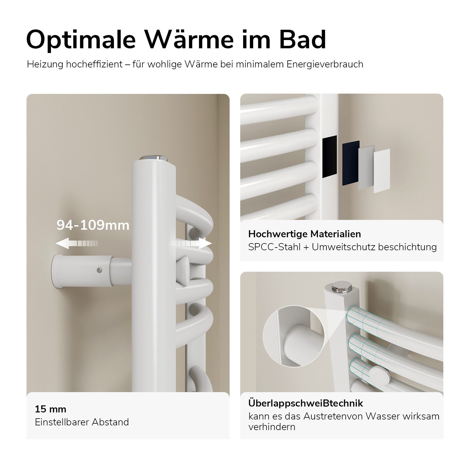 EMKE Elektrischer Badheizkörper Gebogen mit WiFi APP Steuerung Thermostat Höhe: 75cm, 300W, 4 Heizmodi 7-Tage-Timer, Boost & Frostschutz Handtuchwörmer
