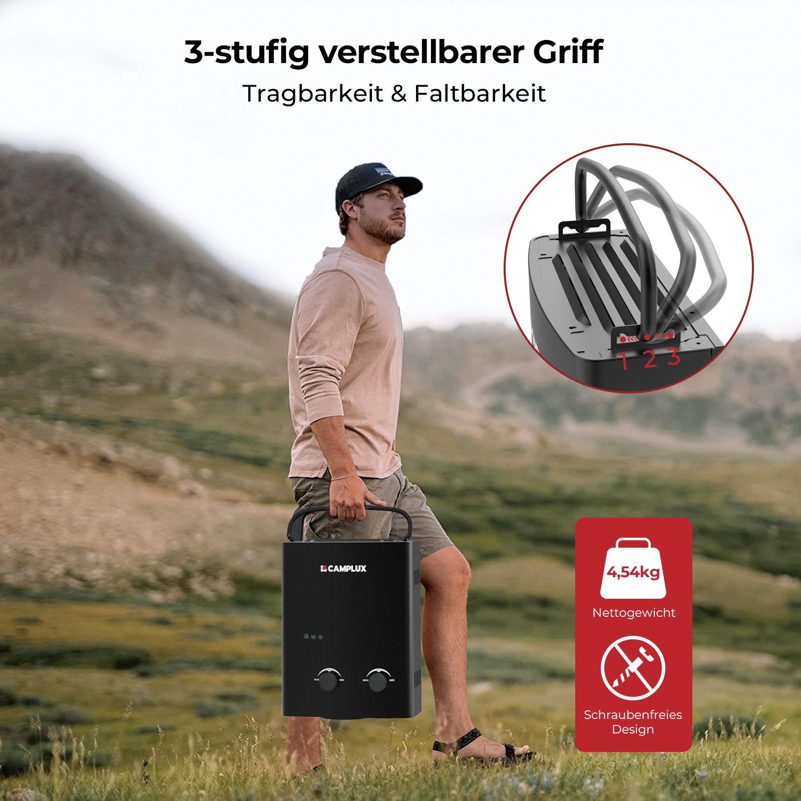 CAMPLUX Durchlauferhitzer AY132B-DE Campingdusche, min. 10 °C, max. 65 °C, LPG Durchlauferhitzer 5L 10 kW Warmwasserbereiter 50 mbar