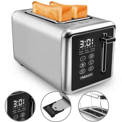 7MAGIC Toaster Edelstahl Toaster 2 Scheiben, Automatik Toaster, mit Brötchenaufsatz, 2 kurze Schlitze, für 2 Scheiben, 850 W, Abtaufunktion, Heizfunktion, Brotscheibenzentrierung, Isoliergehäuse