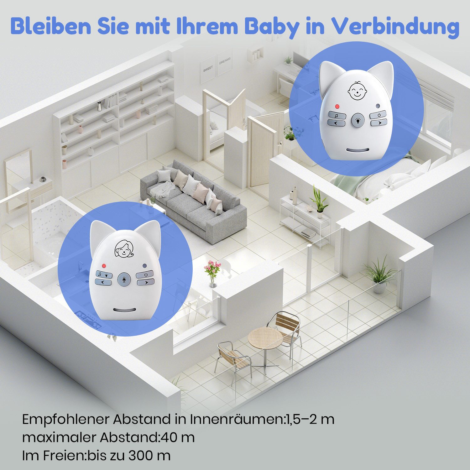 CkeyiN Pro Babyphone Digital,300 m Reichweite,Mit Nachtlicht und Gegensprechfunktion, Akku- oder Netzbetrieb,Gürtelclip,Smart ECO-Modus, Sichere digitale Übertragung