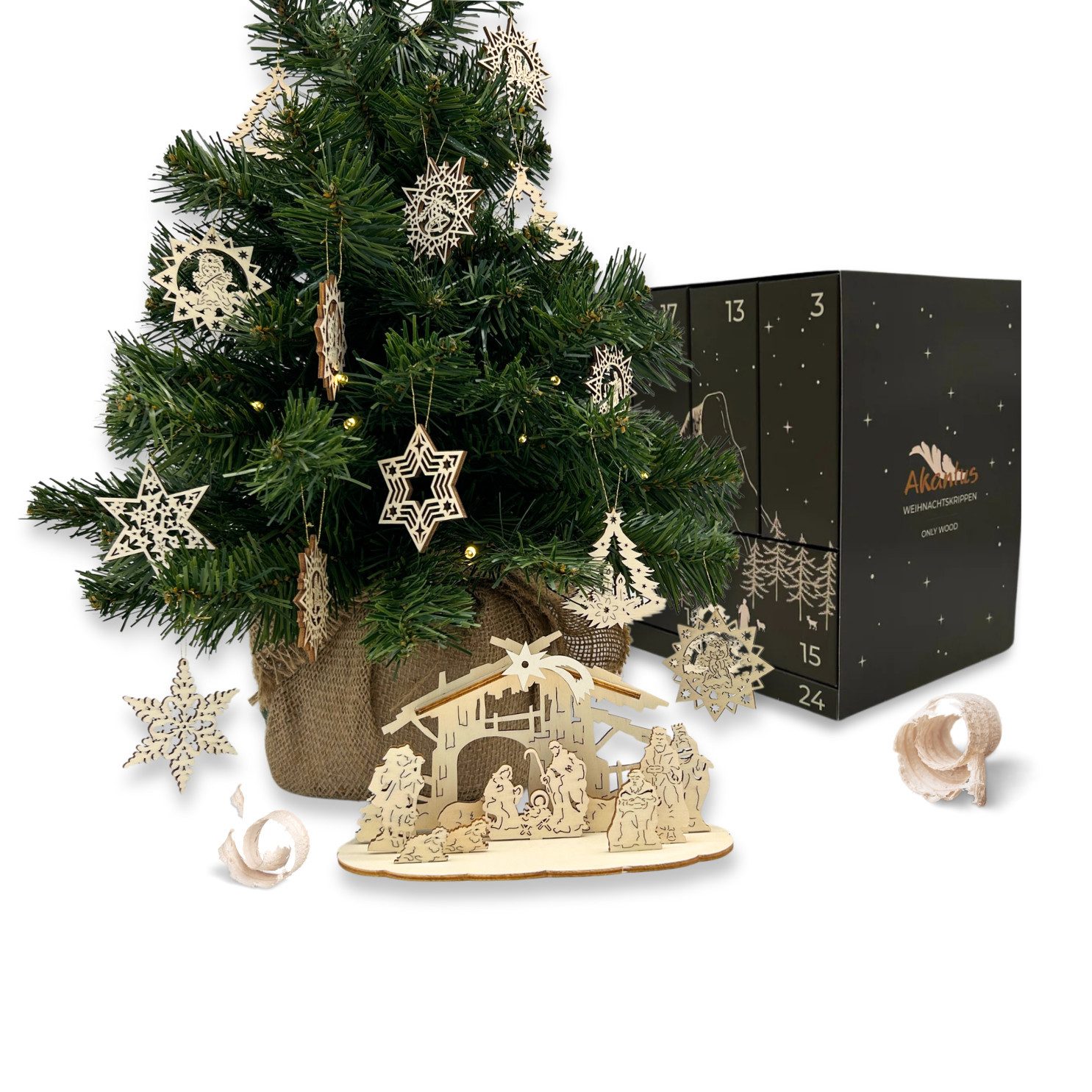 Akantus Adventskalender Holzerlebnis: Weihnachtsbaumschmuck und Weihnachtskrippe