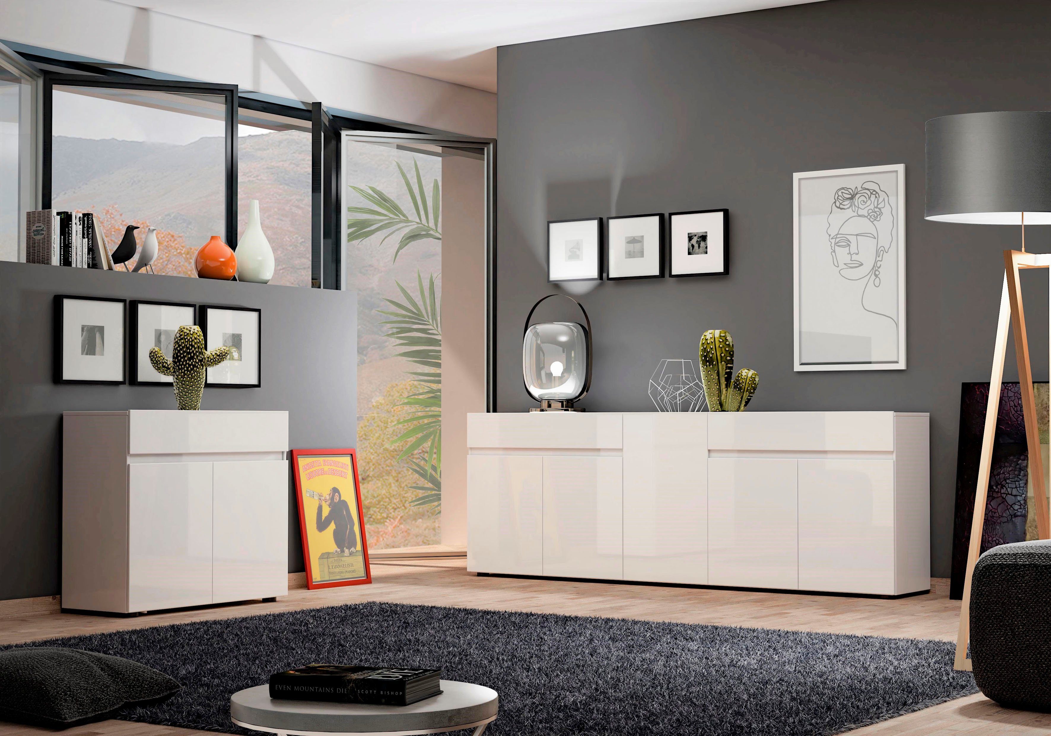 Home affaire Sideboard MISTER, Kommode, Schrank, Anrichte, Breite 225 cm, Made in Italy, 5 Türen, 2 Schubladen, Hochglanz lackiert, 225/80 cm