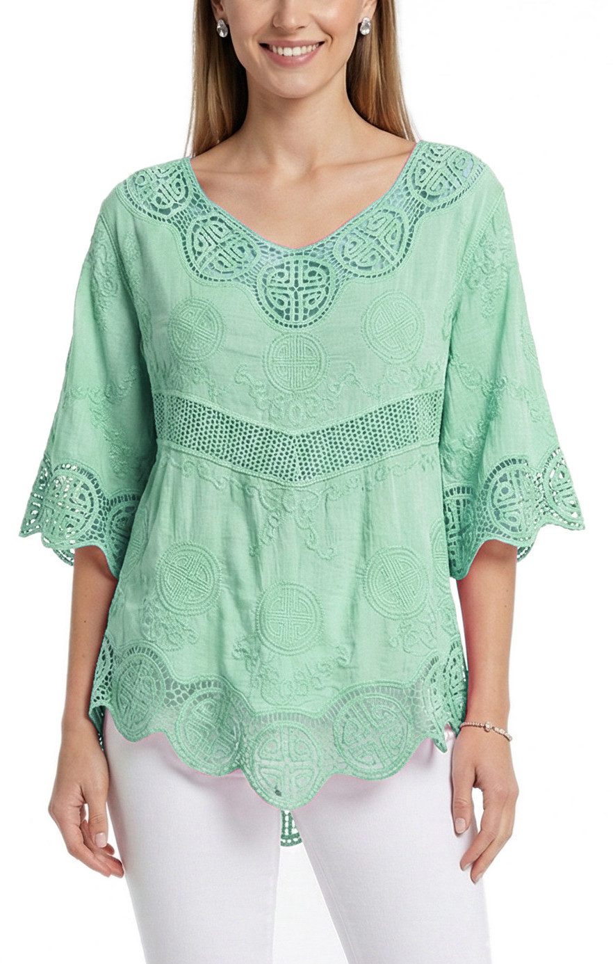 dy_mode Tunika Damen Tunika 3/4 Arm mit Spitze – Leichte Baumwoll Bluse für Sommer mit Häkel-Einsätzen - leicht transparent