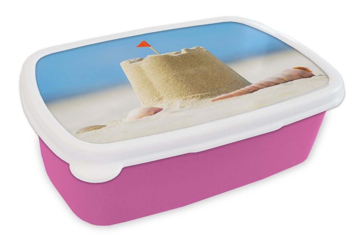 MuchoWow Lunchbox Sandburg - Muscheln rosa Kunststoff, Sommer, (2-tlg), Brotbox - Strand für Kunststoff Brotdose Kinder, Mädchen, Snackbox, - Erwachsene