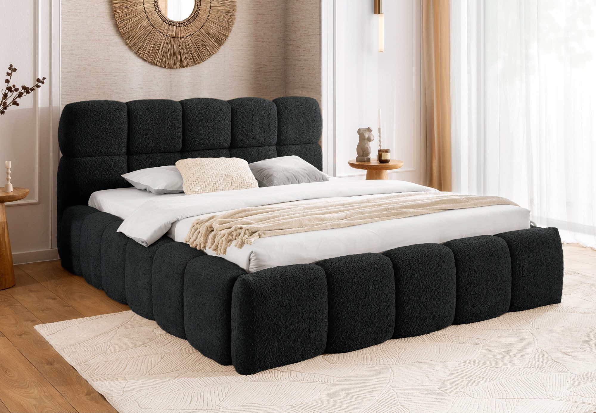 Home Collective Polsterbett Doppelbett Bubble Bett Bettgestell mit Stauraum und Lattenrost (Verfügbare Größen: 120x200, 140x200, 160x200, 180x200, 200x200 cm), Bodennahe Optik mit Metall-Lattenrost und Bettkasten Schwarz