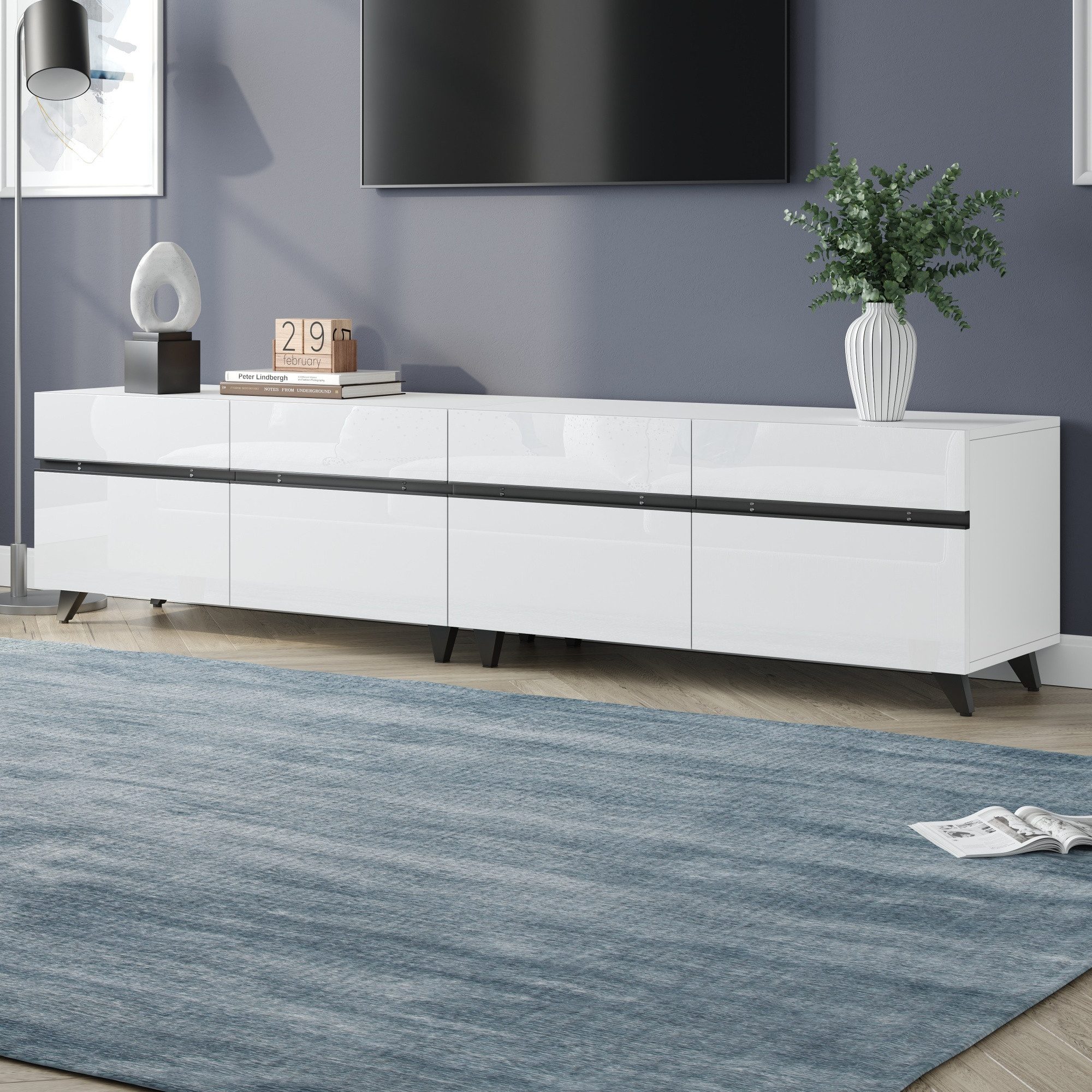 KLAM HOME Lowboard Hochglanz TV-Schrank Lowboard 180cm mit 4 Schränken (Stabiles Wohnzimmermöbel mit verstellbaren Trennwänden), Moderner Fernsehschrank für bis – Bild 5 von 5