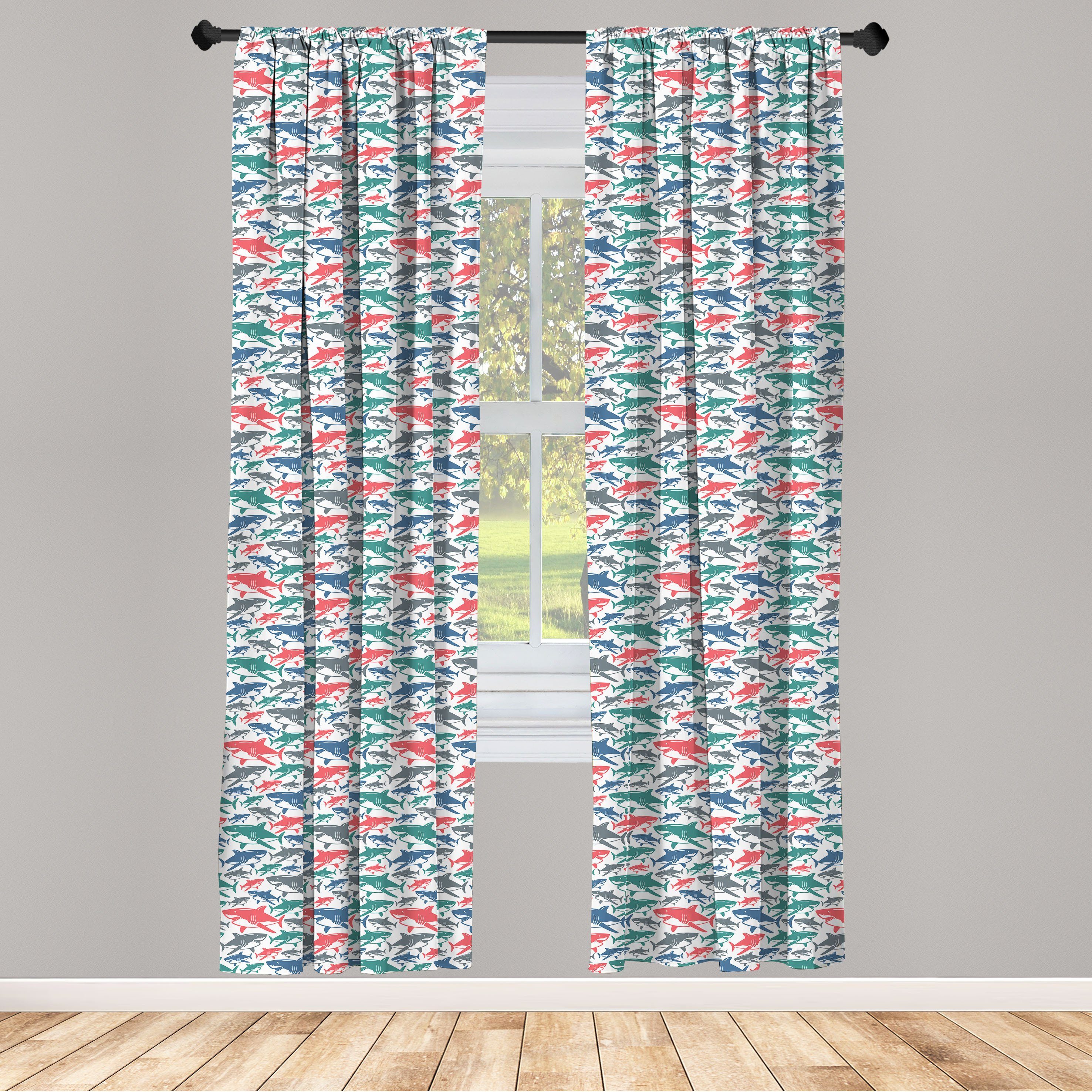 Gardine Vorhang für Wohnzimmer Schlafzimmer Dekor, Abakuhaus, Microfaser, Fisch Bunte Shark Patterns