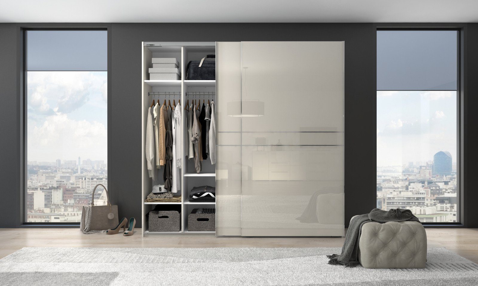 OTTO home Schwebetürenschrank Piano, FSC-zertifiziert, mit Einlegeböden und Kleiderstangen (in 3 Breiten, 224cm hoch, mit verchromten Aufleistungen) UV lackiert – Bild 3 von 5