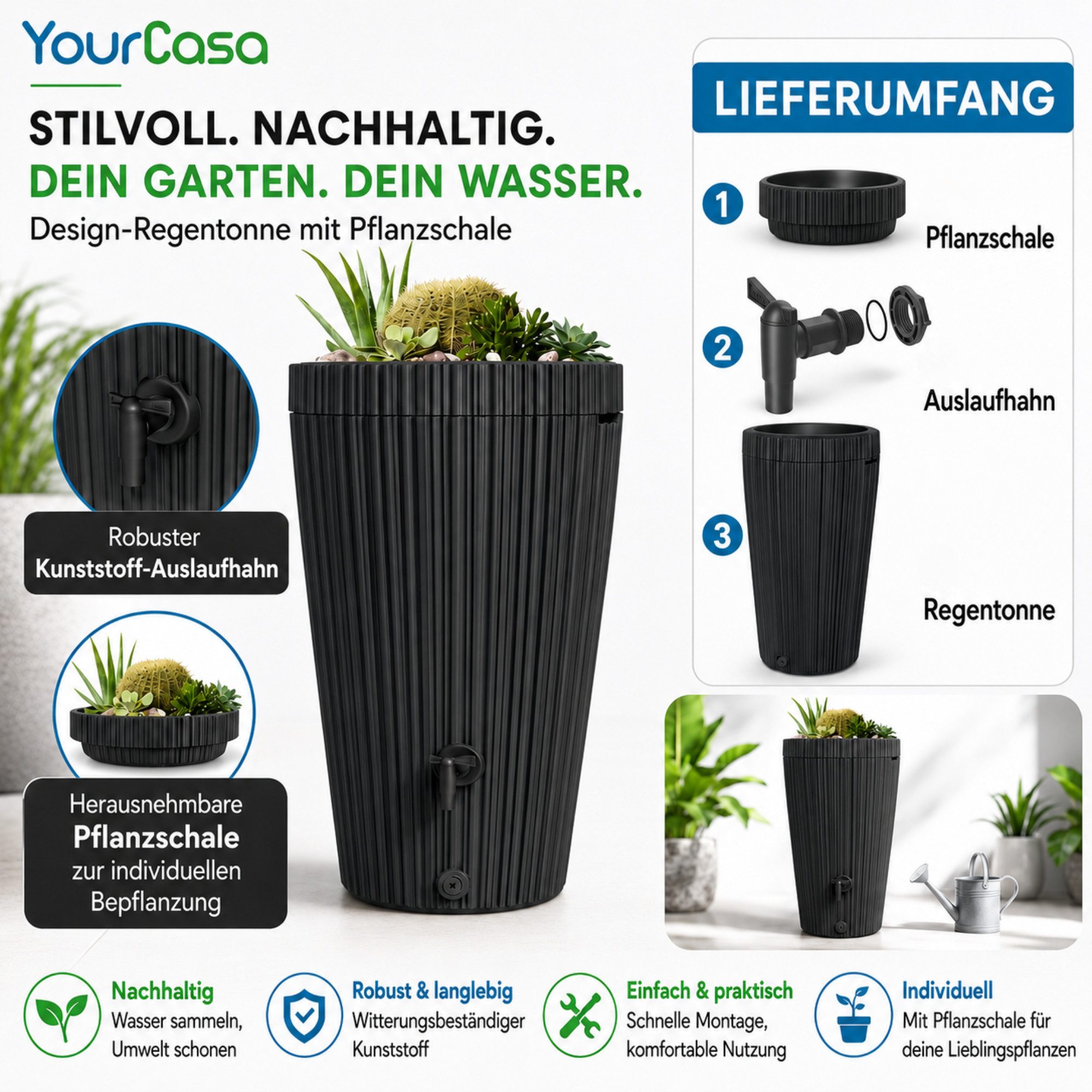 YourCasa Regentonne 210 Liter EcoVase, Bepflanzbar, Wasserhahn, Regenwassertank, Frostsicher, Deckel abnehmbar, 210L