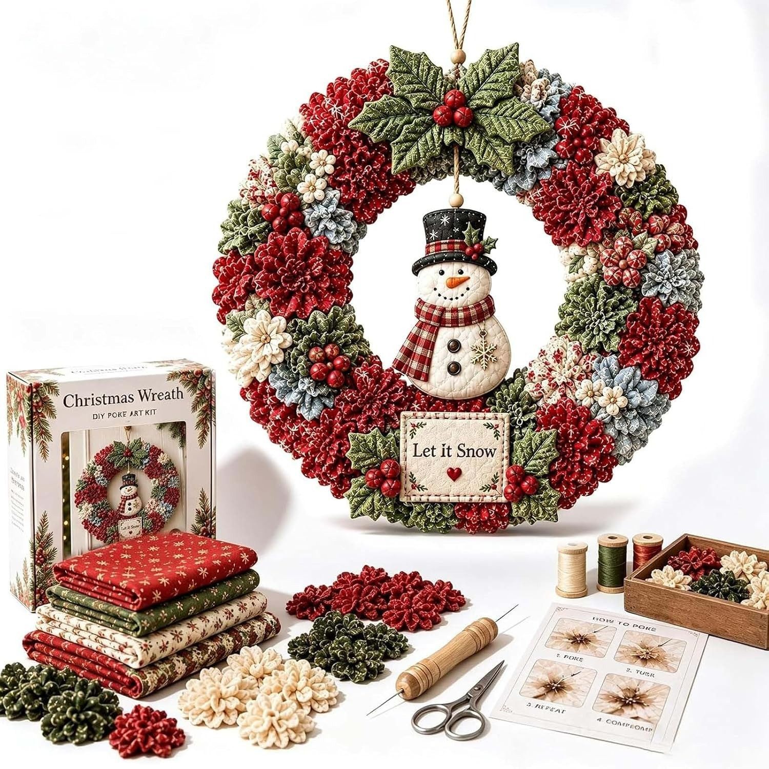 CLTYQ Kreativset 3D-Stoffkranz-DIY-Kreativset, Weihnachtskranz-Patchwork zum Aufhängen, Kreativset für die ganze Familie und Bastelfans