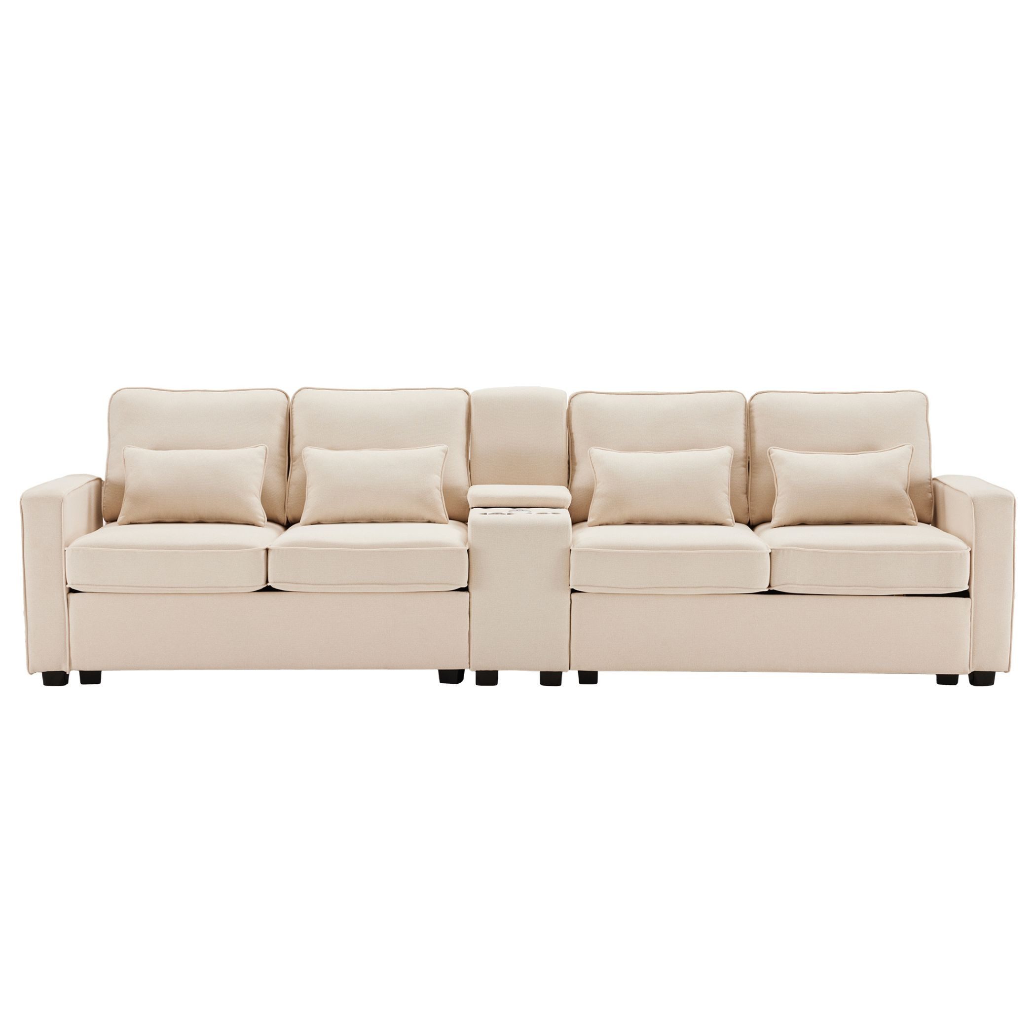 SeedWave Big-Sofa 4-Sitzer Sofa mit Konsole, Big Sofa breite 260 cm, Leinen Recamiere, Gepolstertes Sofa mit USB-Ladeanschluss, Stauraum
