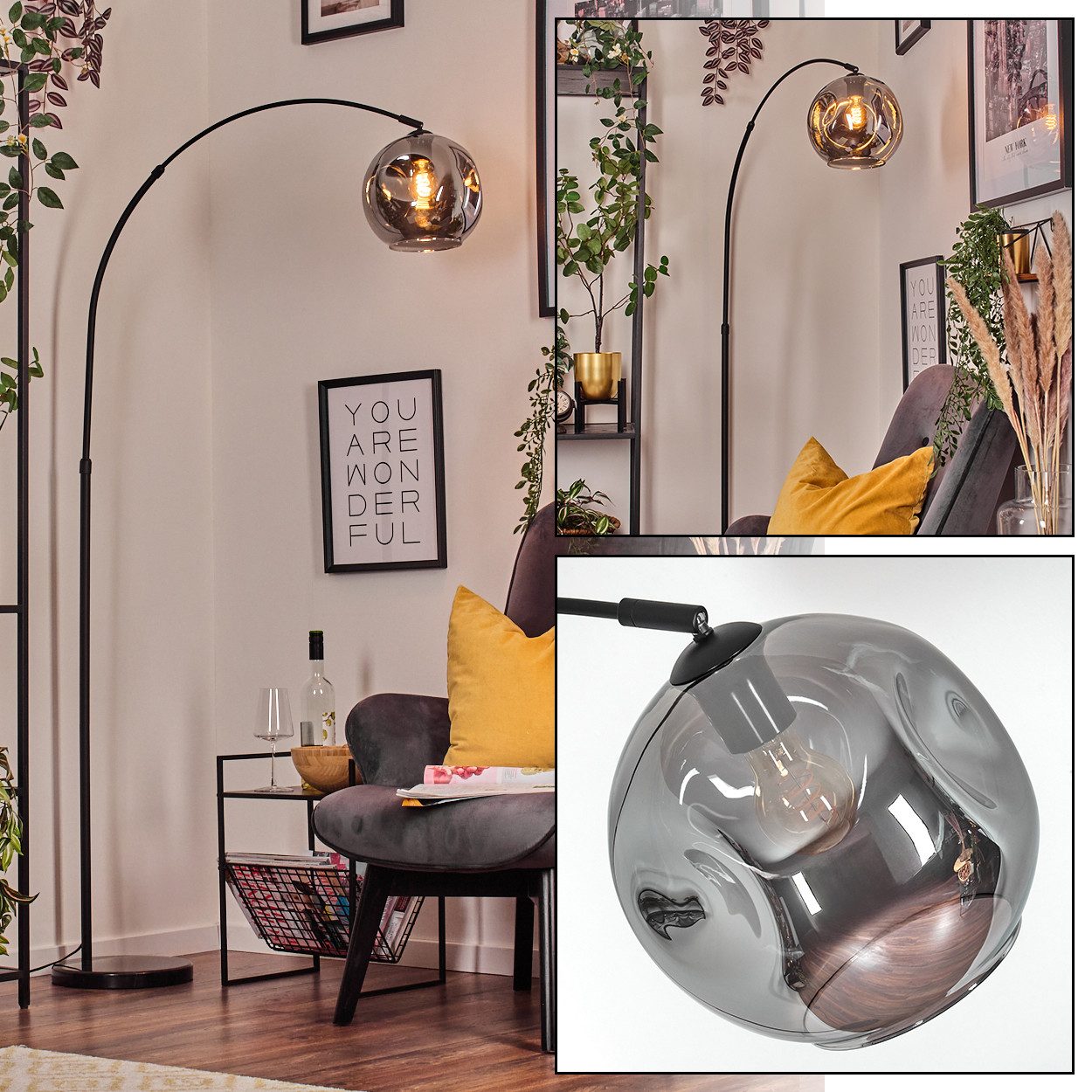 hofstein Stehlampe Stehlampe aus Metall/Glas in Schwarz/Rauch mit Marmorfuß, verstellbare Leuchte im Retro/Vintage-Design Ø 25 cm, Fußschalter, E27
