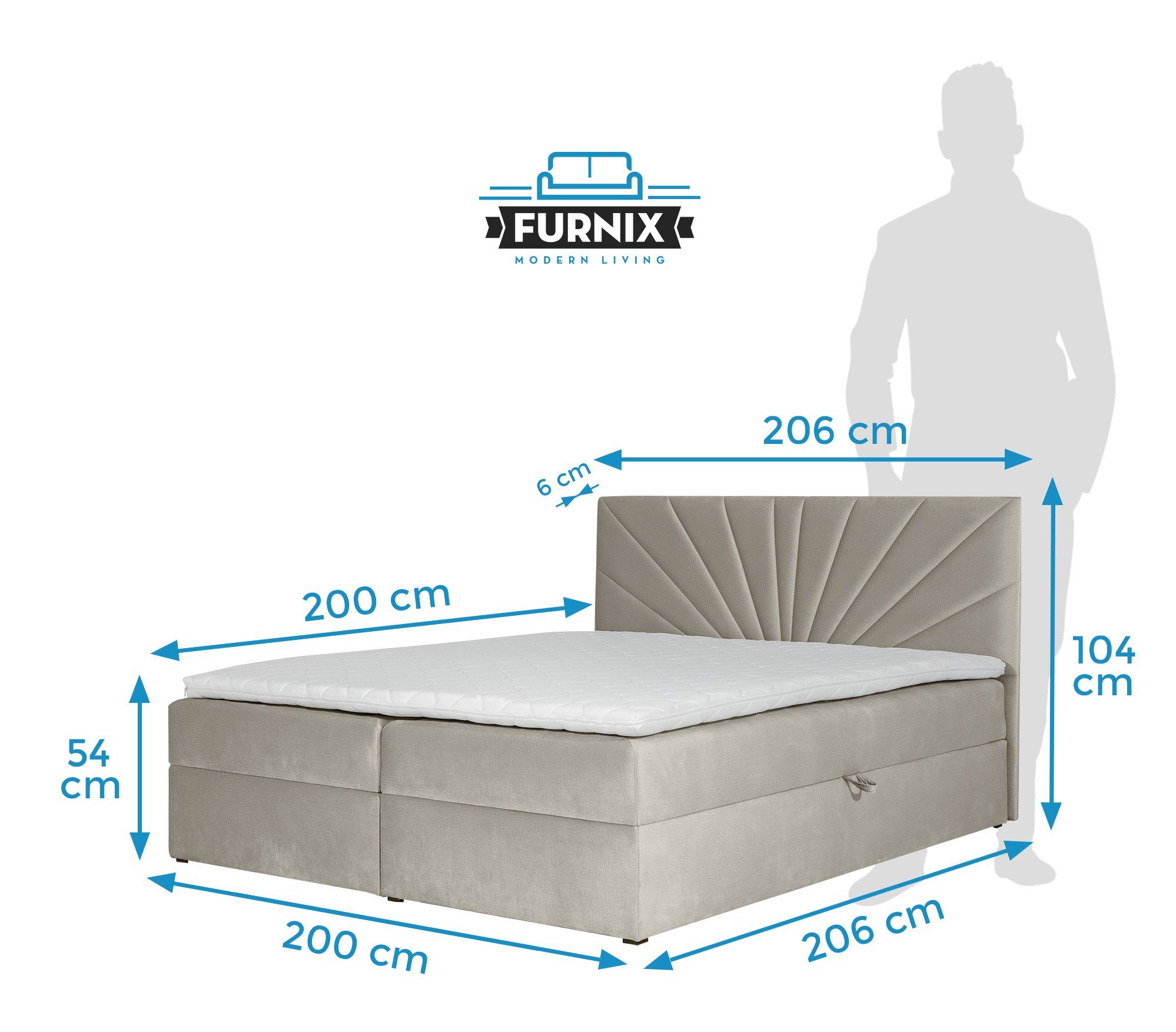 Furnix Boxspringbett TREZO 4 Polsterstoffe mit Beige 120/140/160/180/200x200 Bettkasten tiefen hochwertige Topper, und cm