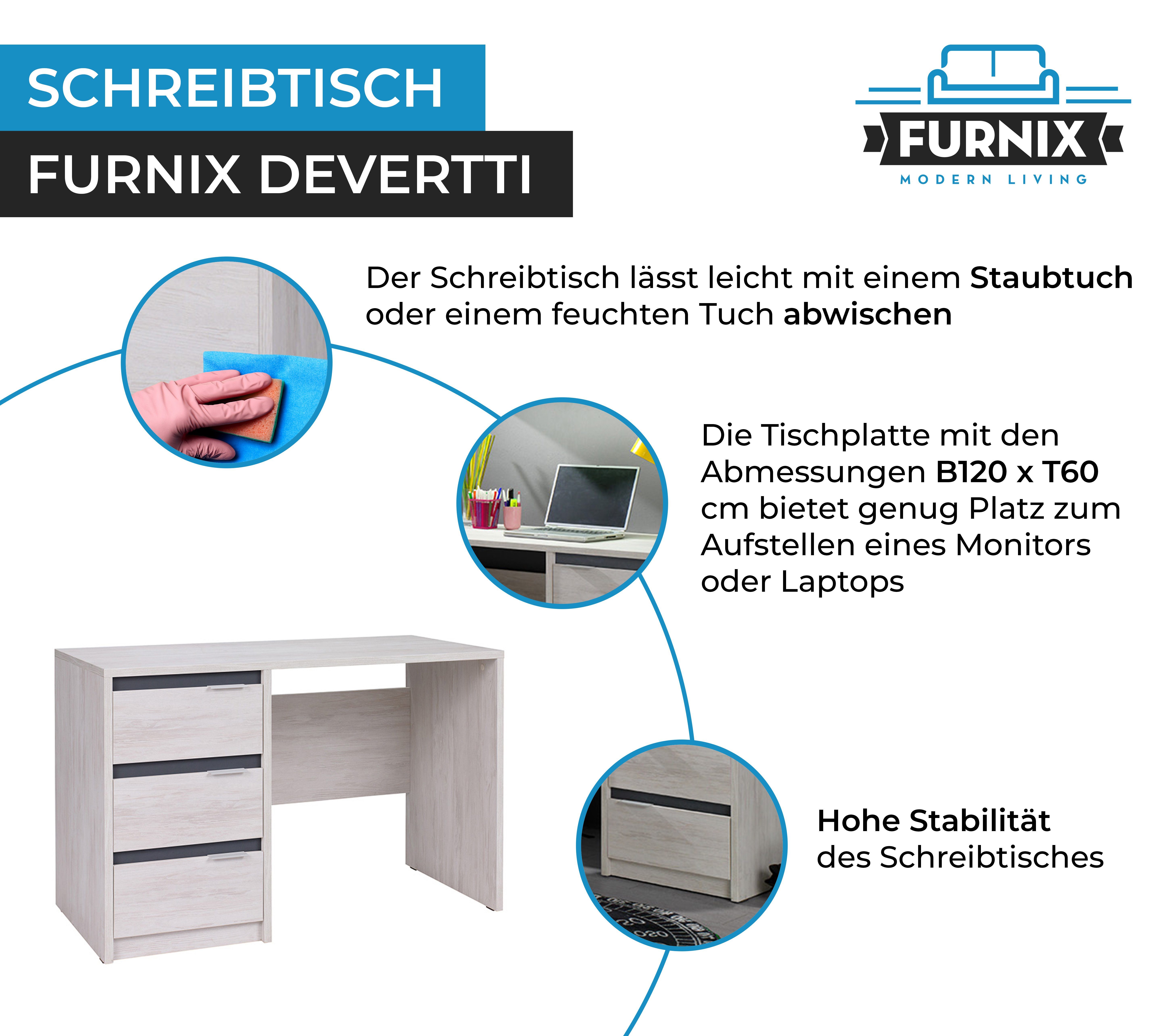 Furnix x Schreibtisch 3 Glanz Maße DEVERTTI x B120 T60 Weißeiche-Graphit cm Schubladen, H77 mit