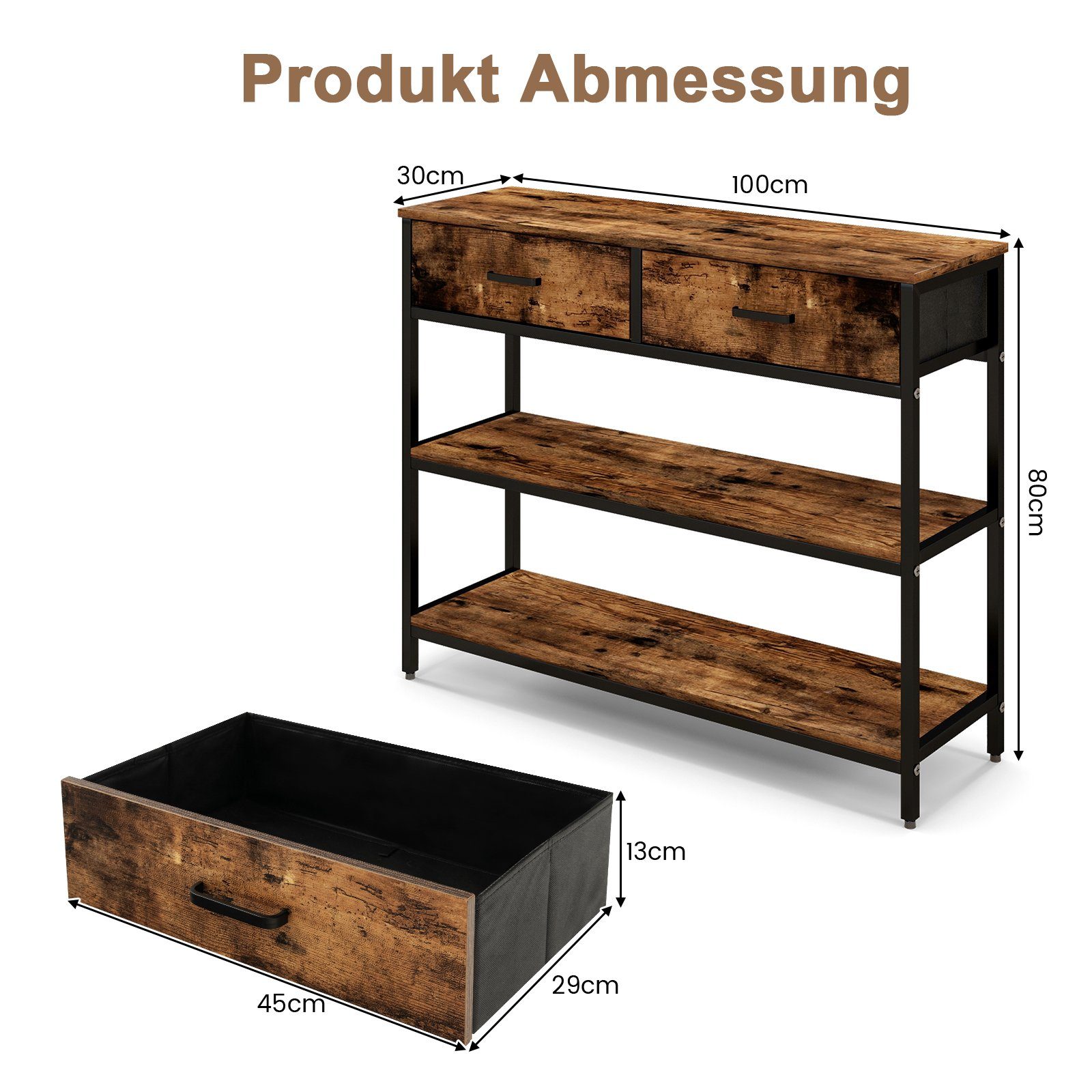 COSTWAY Konsolentisch, mit 2 Stoffschubladen, Kippschutz, Metallrahmen 100cm