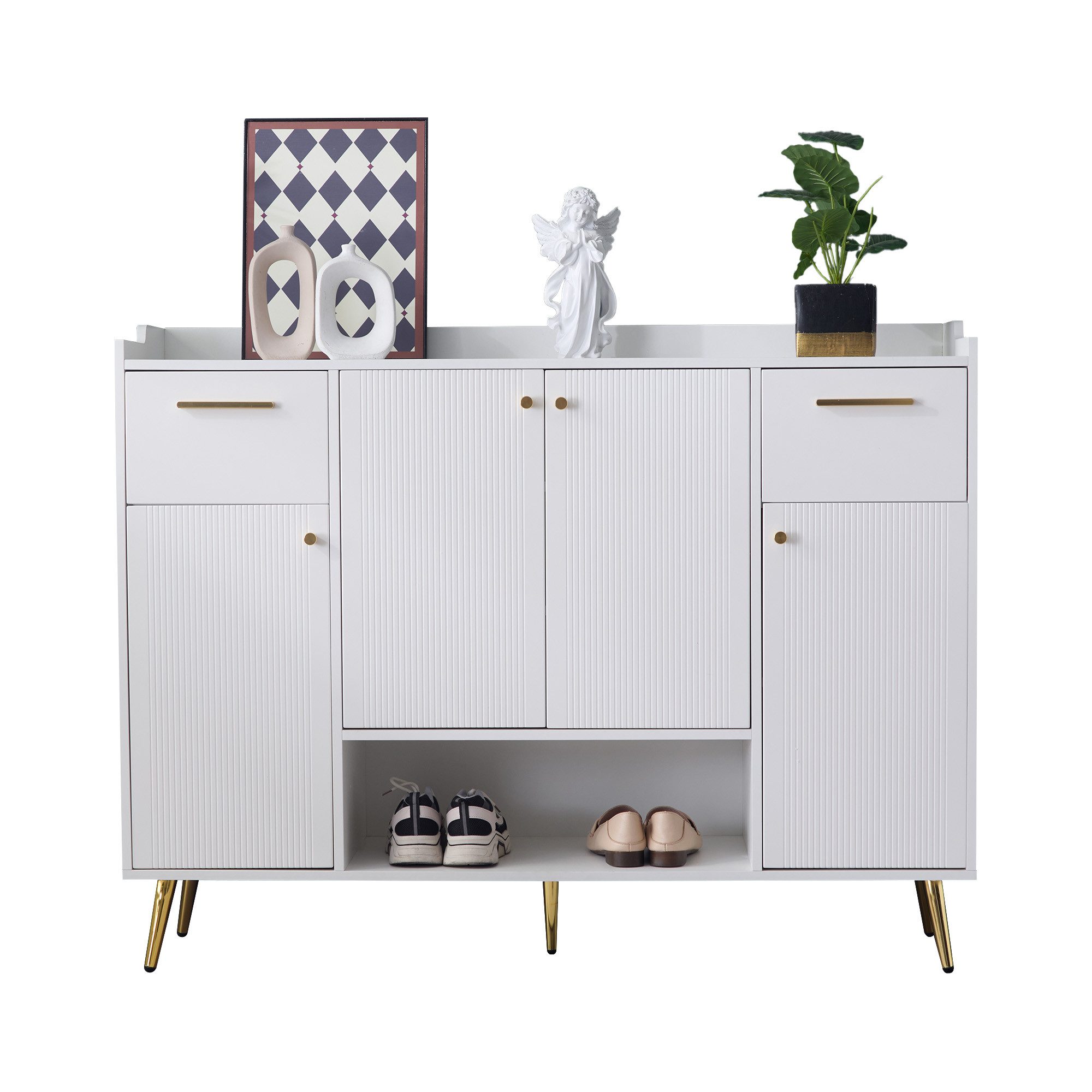 Refined Living Schuhschrank mit Metallfüße, Schuhregal mit 2 Schubladen und 4 Türen, Sideboard (Maße: B130/W37/H100, Aufbewahrungsschrank für Schuhe, Kommode, Schuhkommode mit einem offenen Fach, Modernes und vielseitiges Design, 1-St., Langlebige