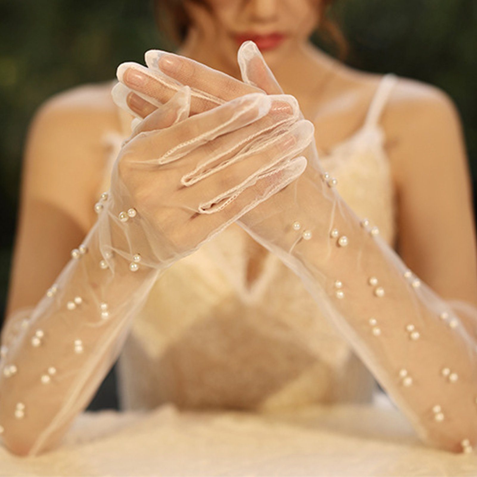 Blusmart Abendhandschuhe Braut-Handschuhe Aus pearl C Durchsichtigem Tüll,Vintage-Perle,Brauthandschuhe Abendhandschuhe