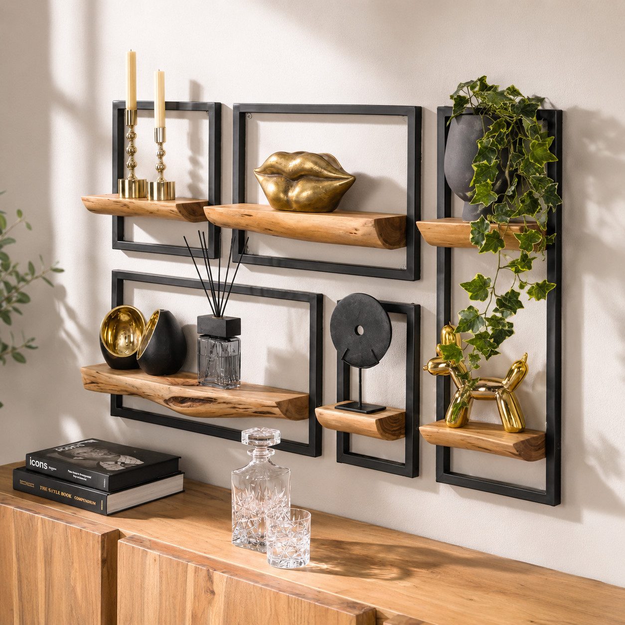 LEVEN Lifestyle 5´er Set Regal Wandregal mit Baumkante aus Holz Holzregal, 5-tlg.