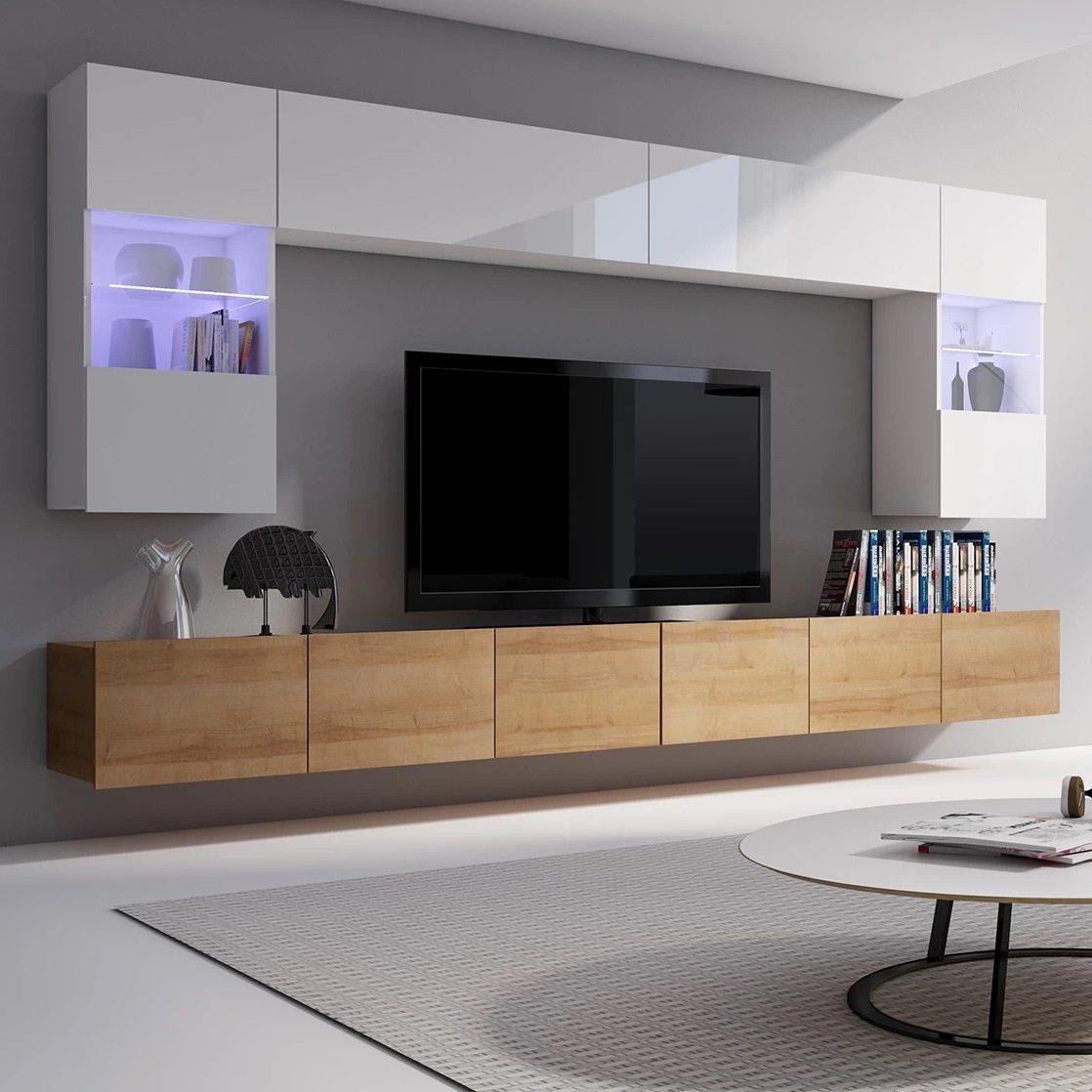 Furnix TV-Wand PUNE 1 Mediawand Möbelwand Wohnwand 6-teilig Farbauswahl, geräumig, 300 cm breit Weiß Glanz/Eiche-Gold