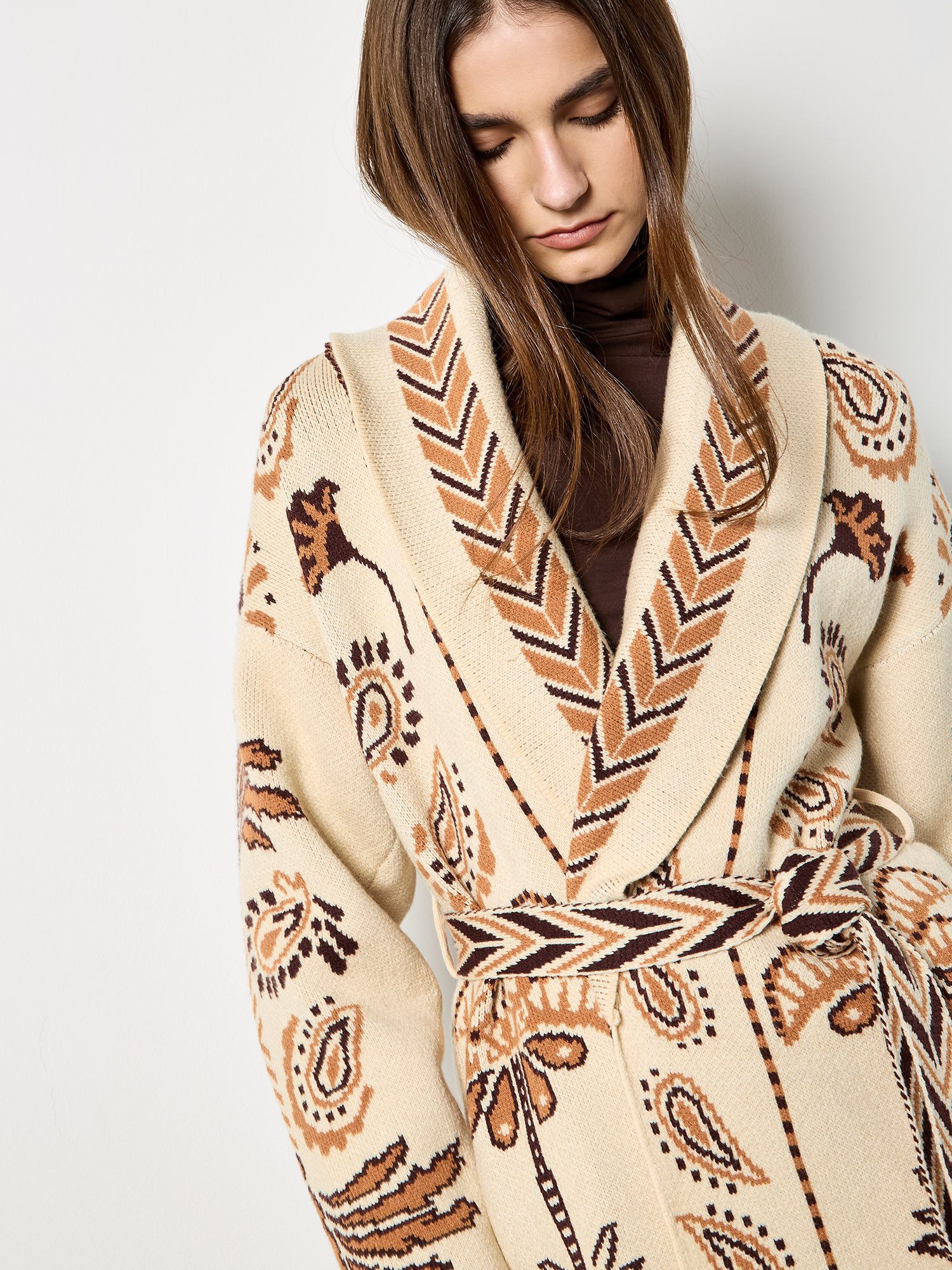 Apricot Cardigan Gemusterter Cardigan (2-tlg., mit Stoffgürtel) mit Schalkragen