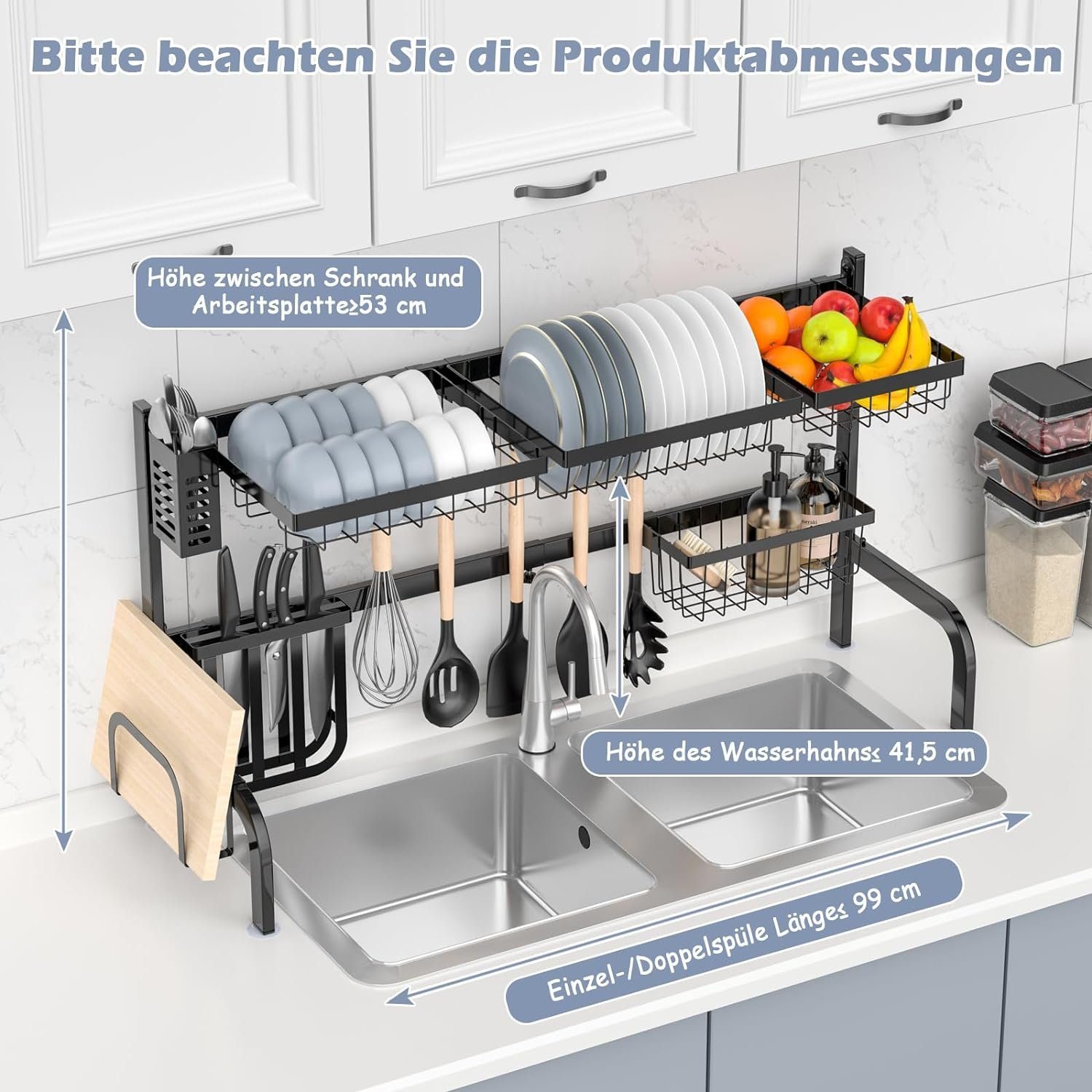 KOMFOTTEU Geschirrständer 2-stöckiger Abtropfgestell, verstellbar 53-99 cm