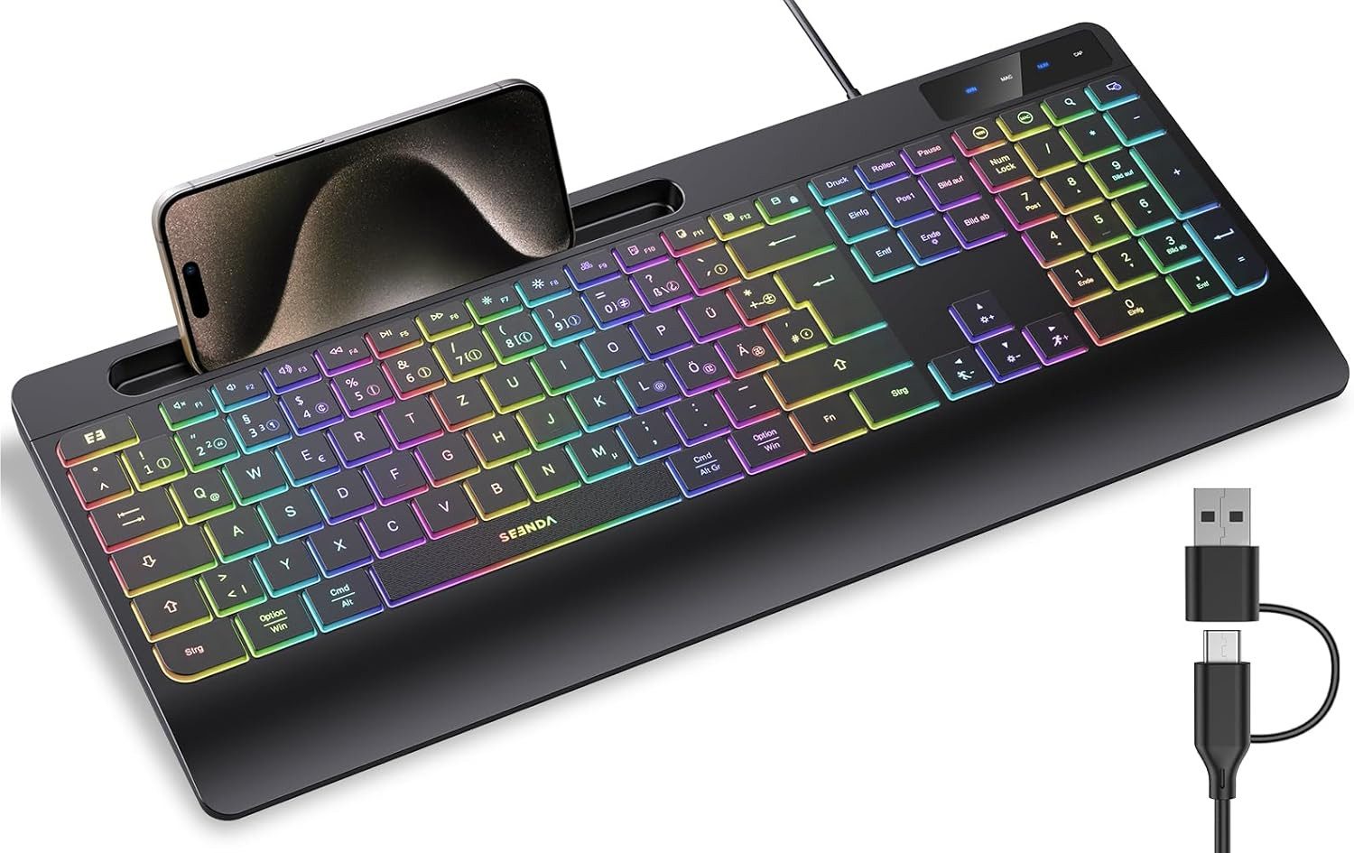 Seenda KOE200 Tastatur kabelgebunden, beleuchtet, QWERTZ, USB-C ergonomische Tastatur (3 Helligkeitsstufen,Handy-/Tablethalter,Leises Tippen)